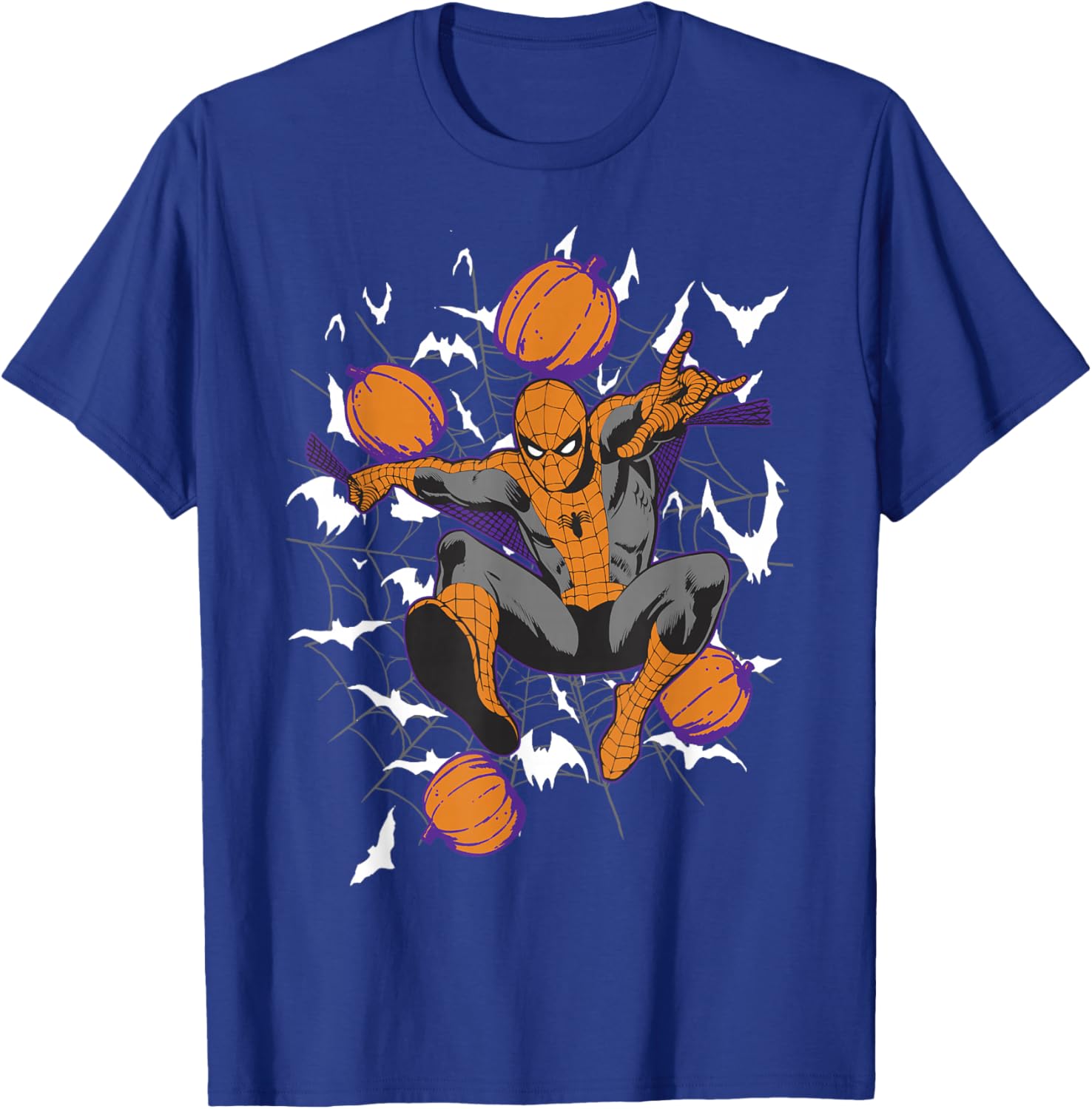Spider-Man Halloween T-Shirt with Web and Pumpkins for Kids and Adults - 9