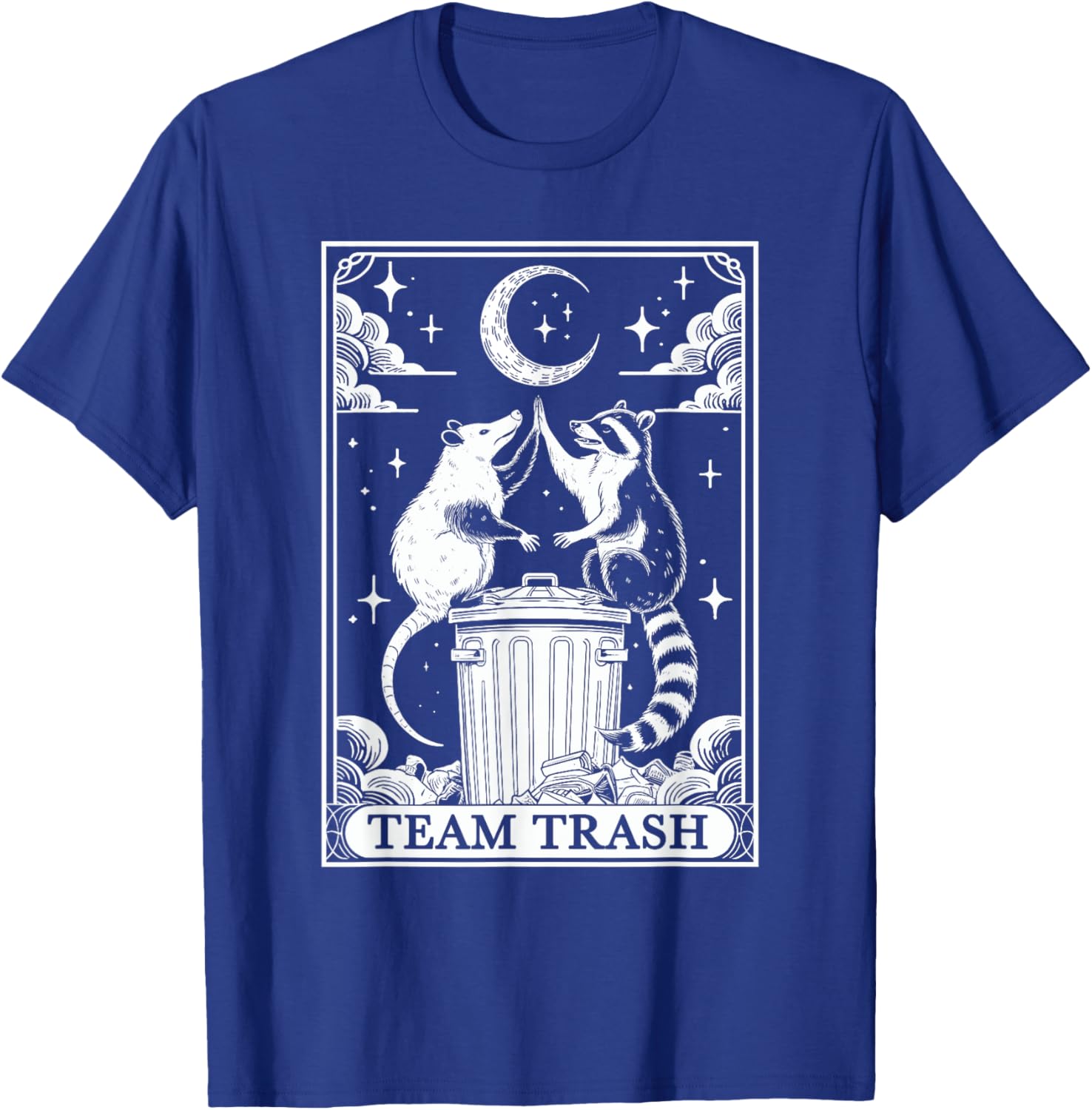 Vintage Tarot Card Team Trash T-Shirt with Crescent Moon Opossum Raccoon - 4