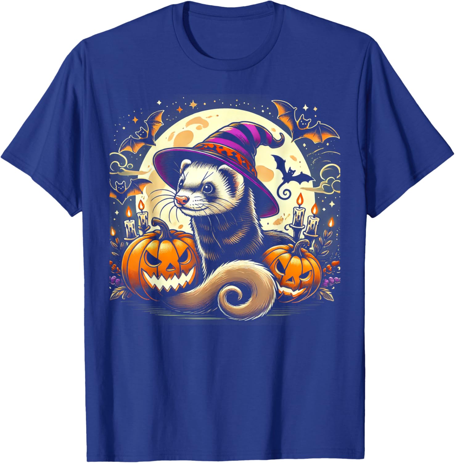Ferret Witch Halloween T-Shirt with Spooky Pumpkin and Bats Design - 6