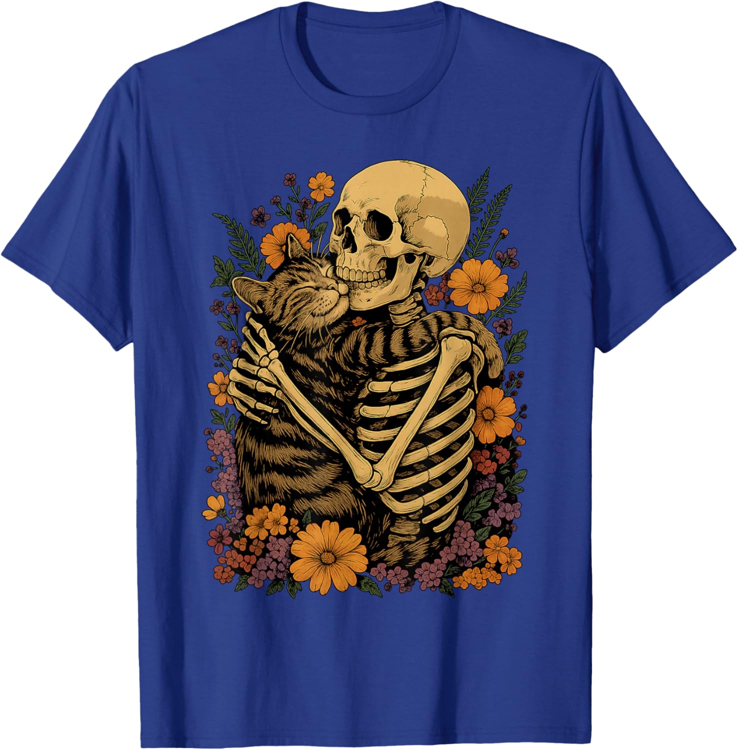 Cute Skeleton Hugging Cat Floral Halloween T-Shirt for Cat Lovers - 27
