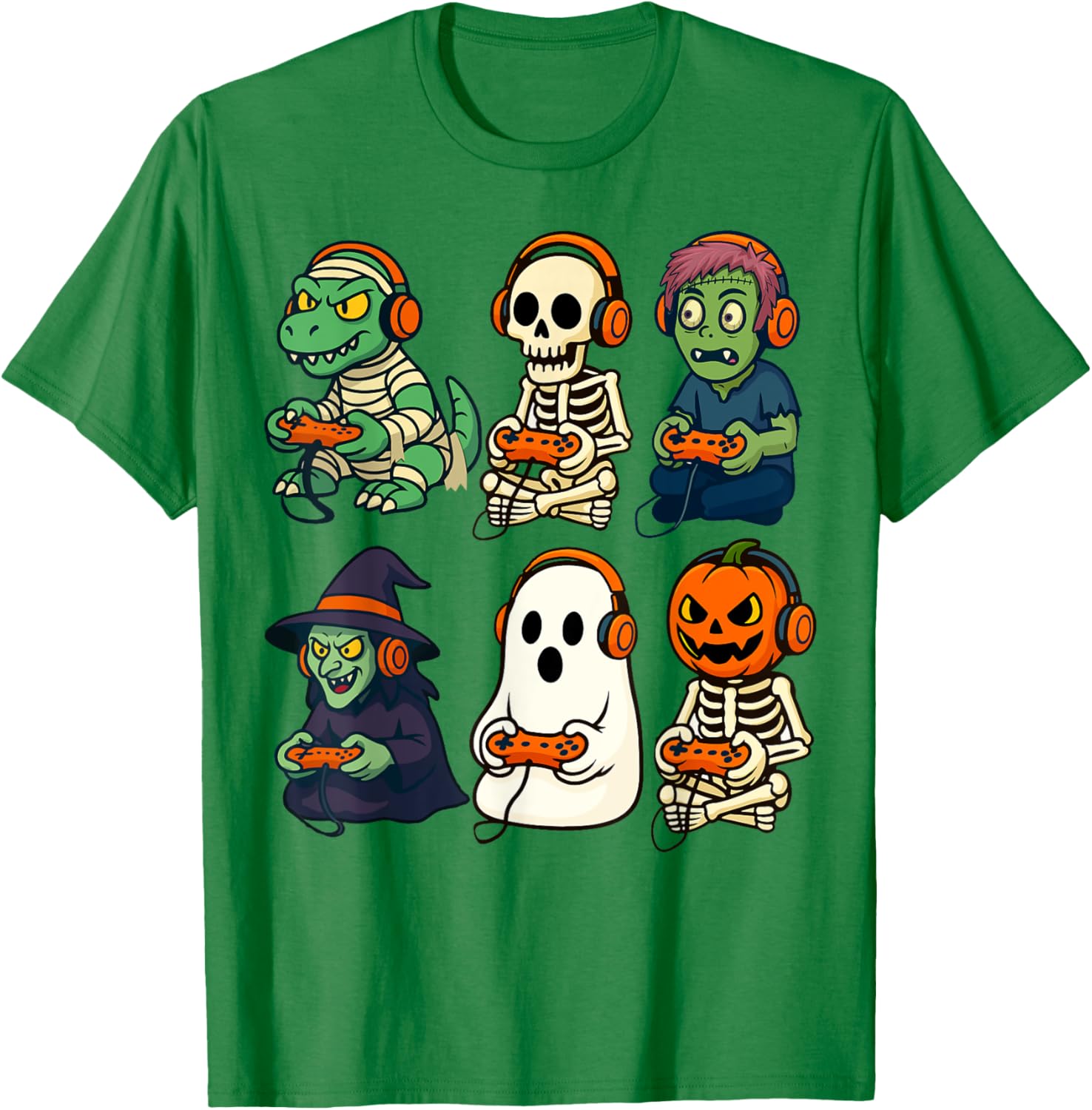 Halloween Boys Gamer T-Shirt with Dinosaur Skeleton and Witch Design - 11
