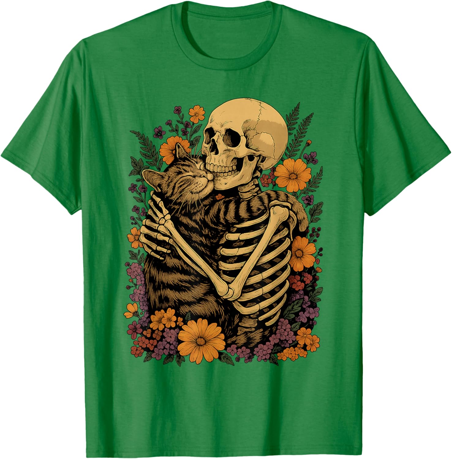 Cute Skeleton Hugging Cat Floral Halloween T-Shirt for Cat Lovers - 3