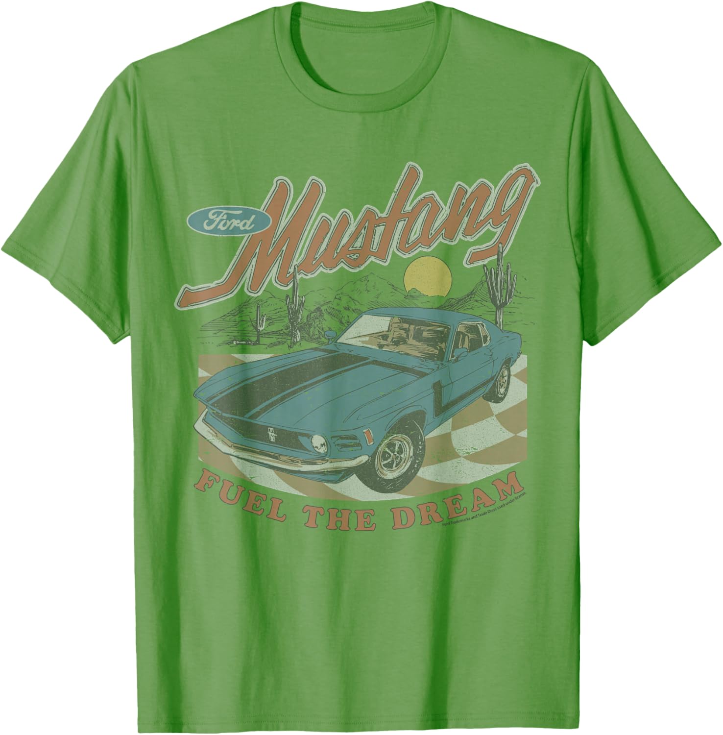 Ford Mustang Fuel The Dream Blue Car T-Shirt in Desert Landscape - 3