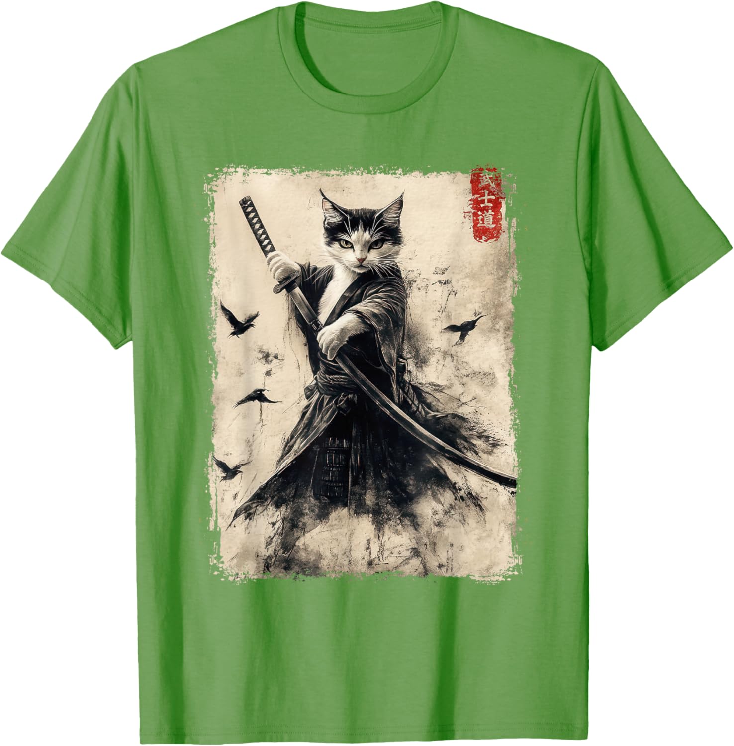 Samurai Cat Vintage Anime Graphic Tee – Cool Japanese Art T-Shirt - 2