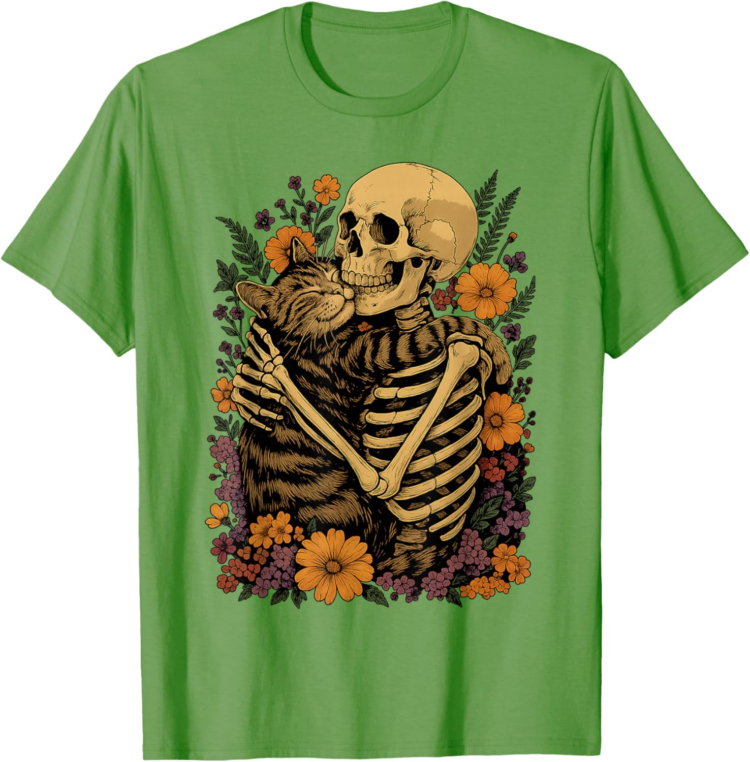 Cute Skeleton Hugging Cat Floral Halloween T-Shirt for Cat Lovers - 22