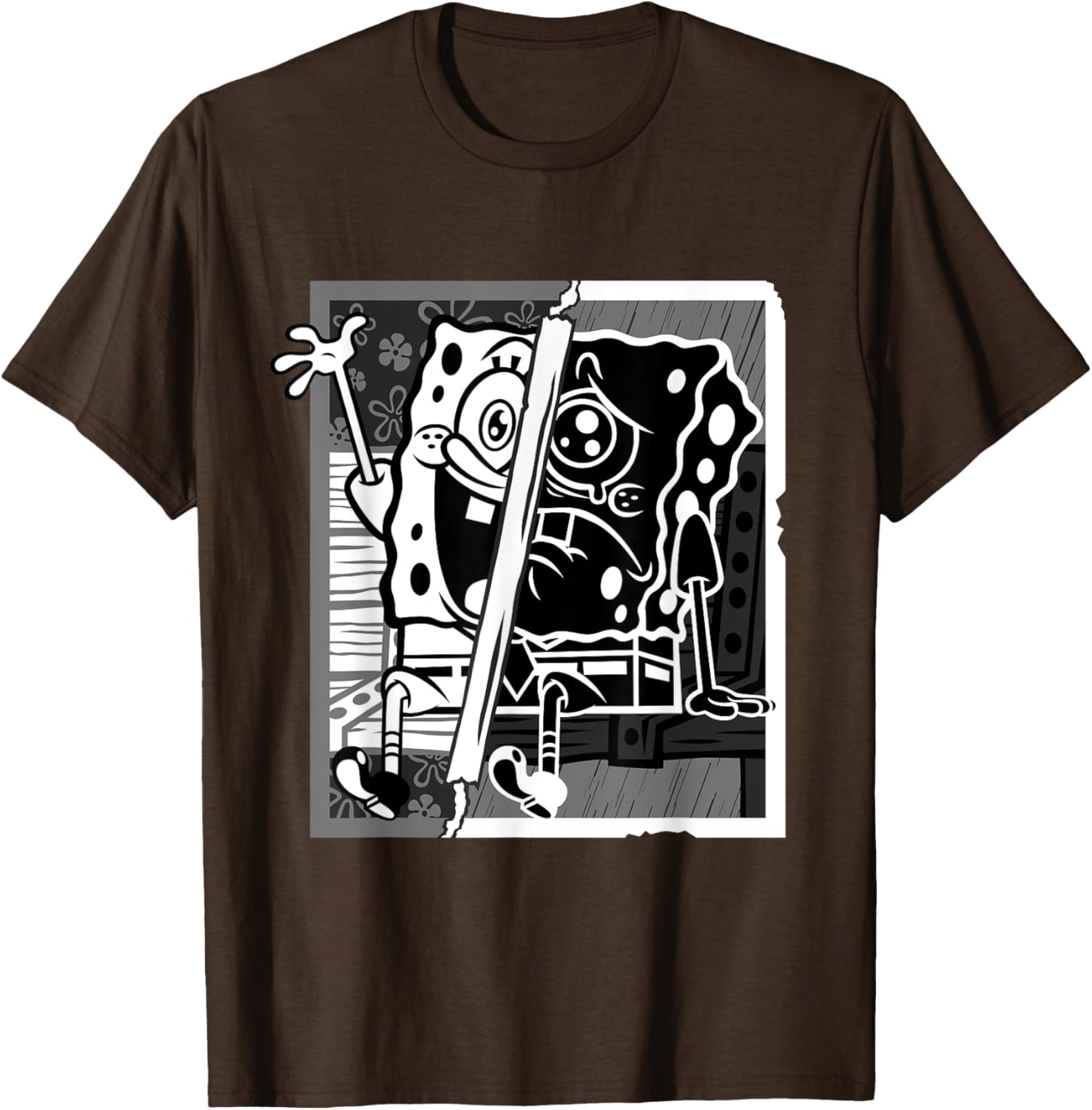 Mademark SpongeBob Black and White Happy Sad Artline T-Shirt for Fans - 4