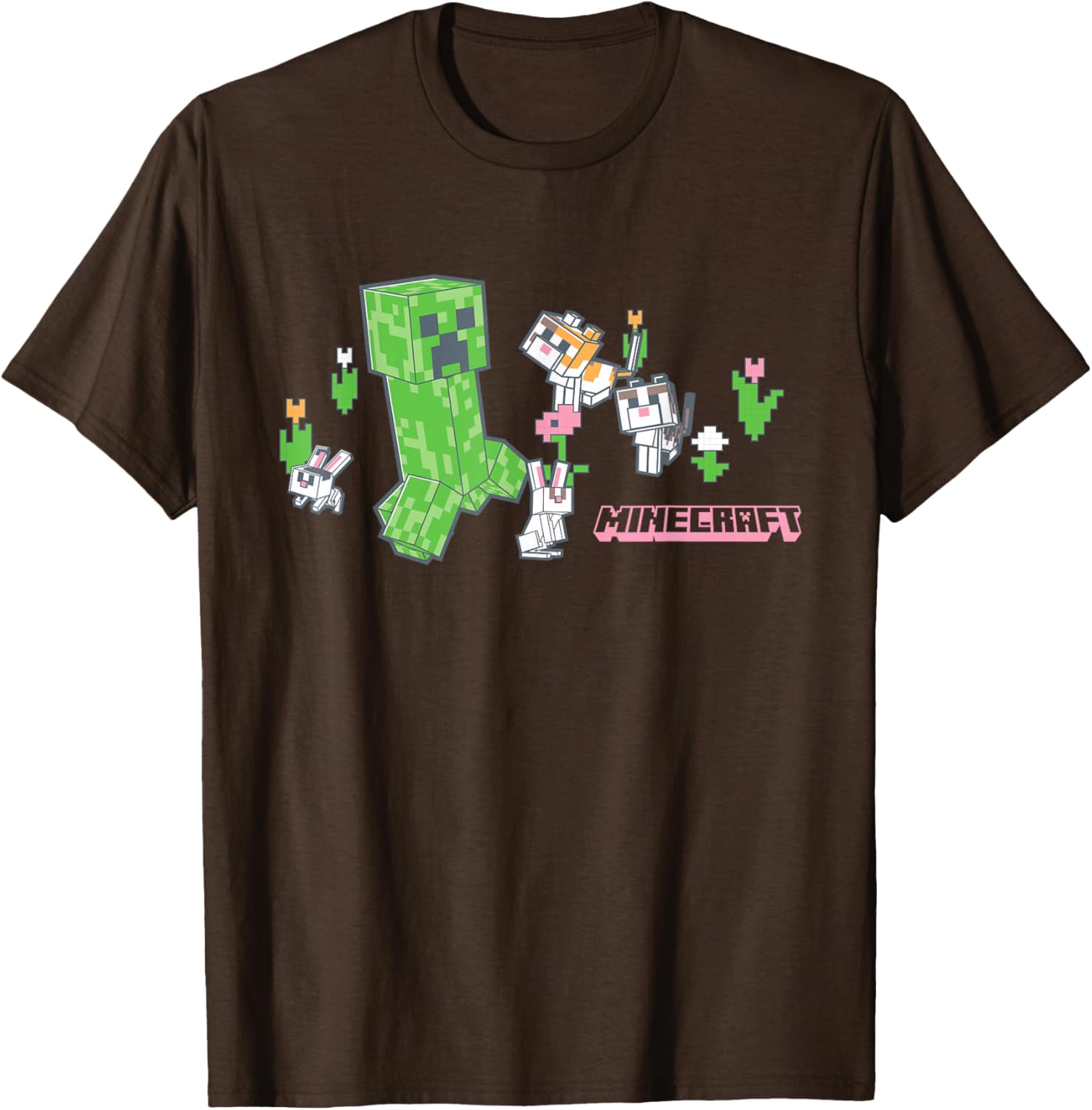Cute Minecraft Creeper T-Shirt with Bunnies and Cats in Pixel Garden - 11