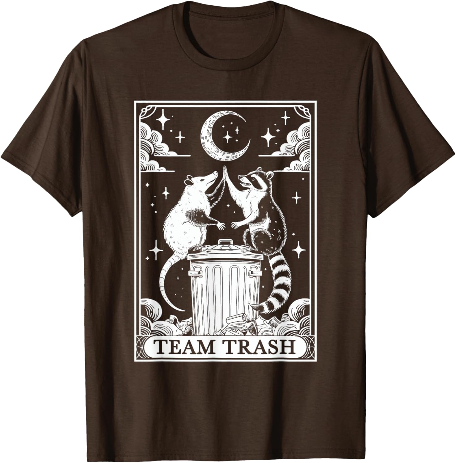 Vintage Tarot Card Team Trash T-Shirt with Crescent Moon Opossum Raccoon - 13