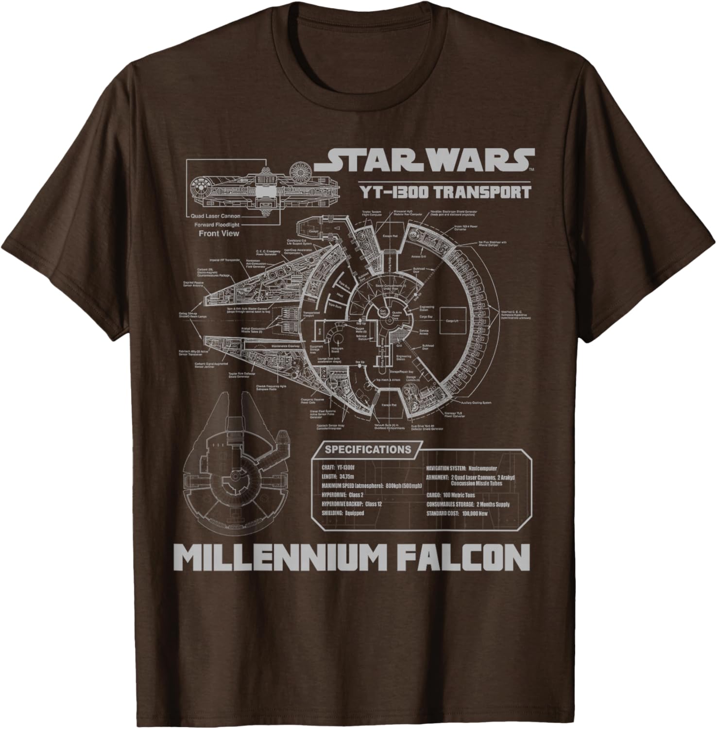 Star Wars Millennium Falcon Grey Schematics Graphic T-Shirt for Fans - 7