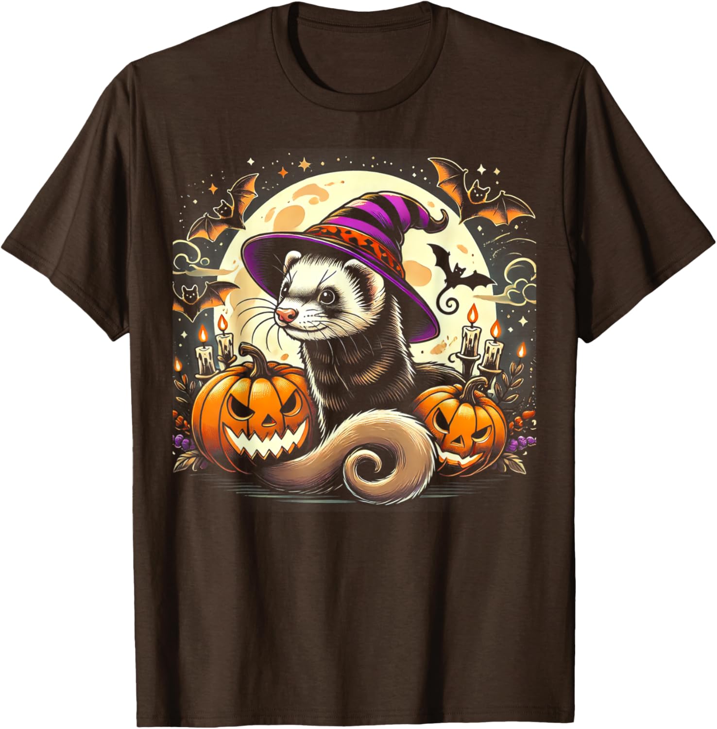 Ferret Witch Halloween T-Shirt with Spooky Pumpkin and Bats Design - 2
