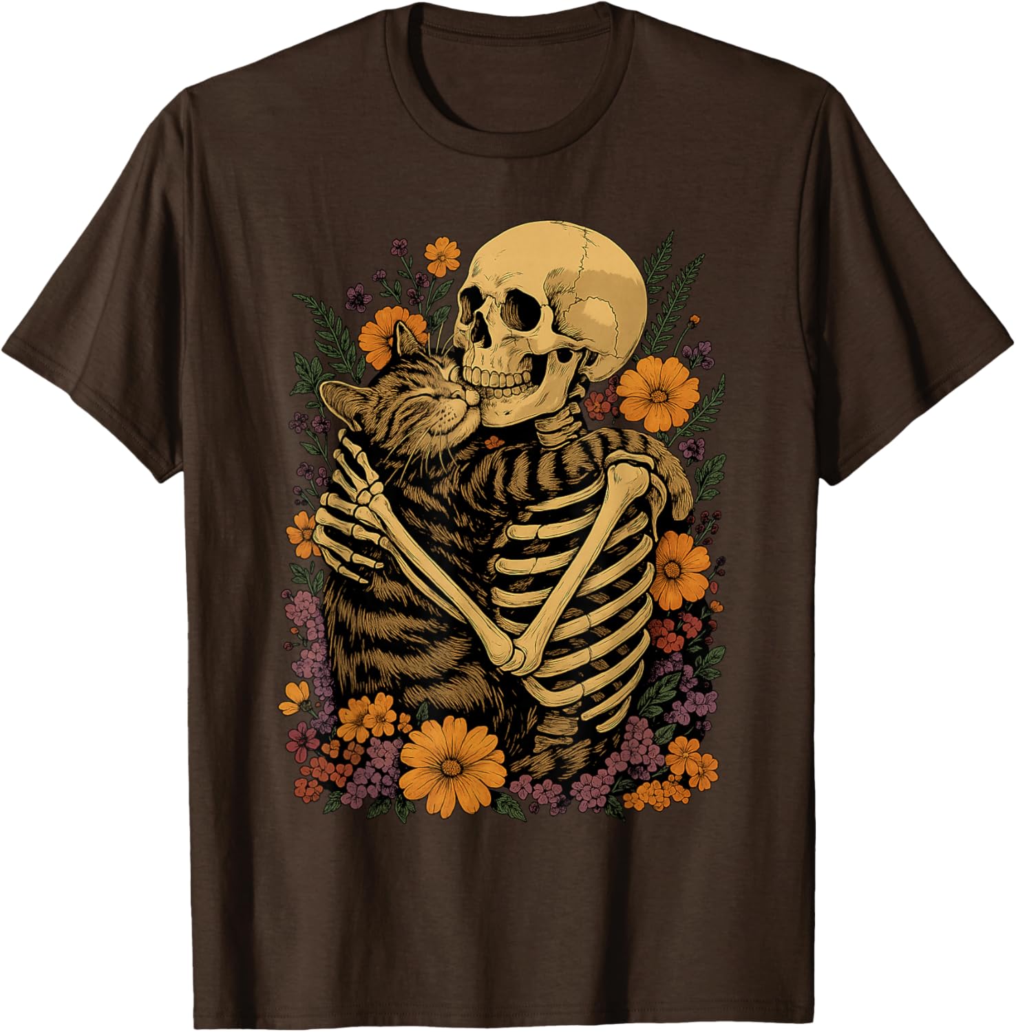Cute Skeleton Hugging Cat Floral Halloween T-Shirt for Cat Lovers - 18