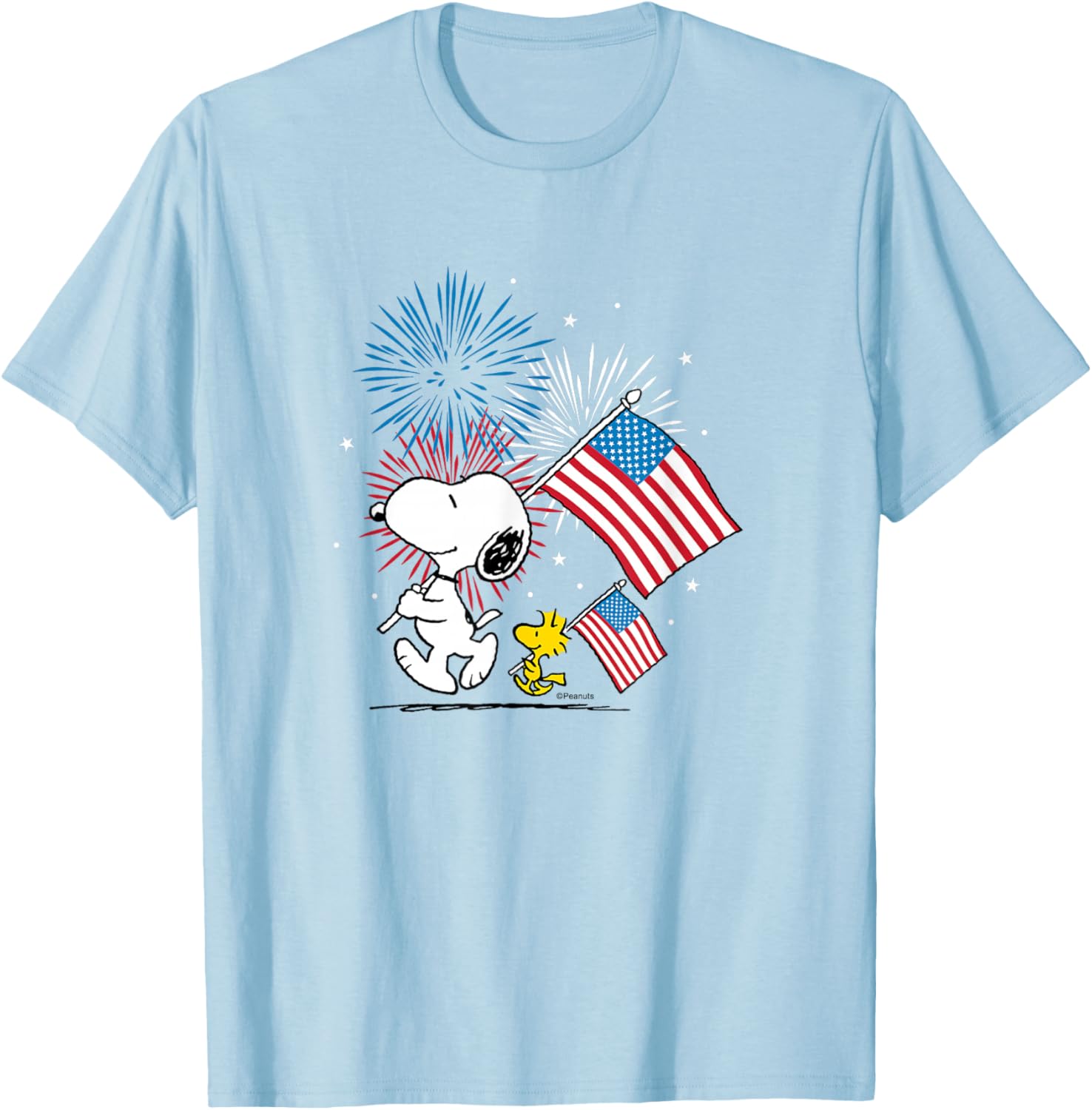 Snoopy and Woodstock American Flags Fireworks T-Shirt for Fun Celebrations - 1