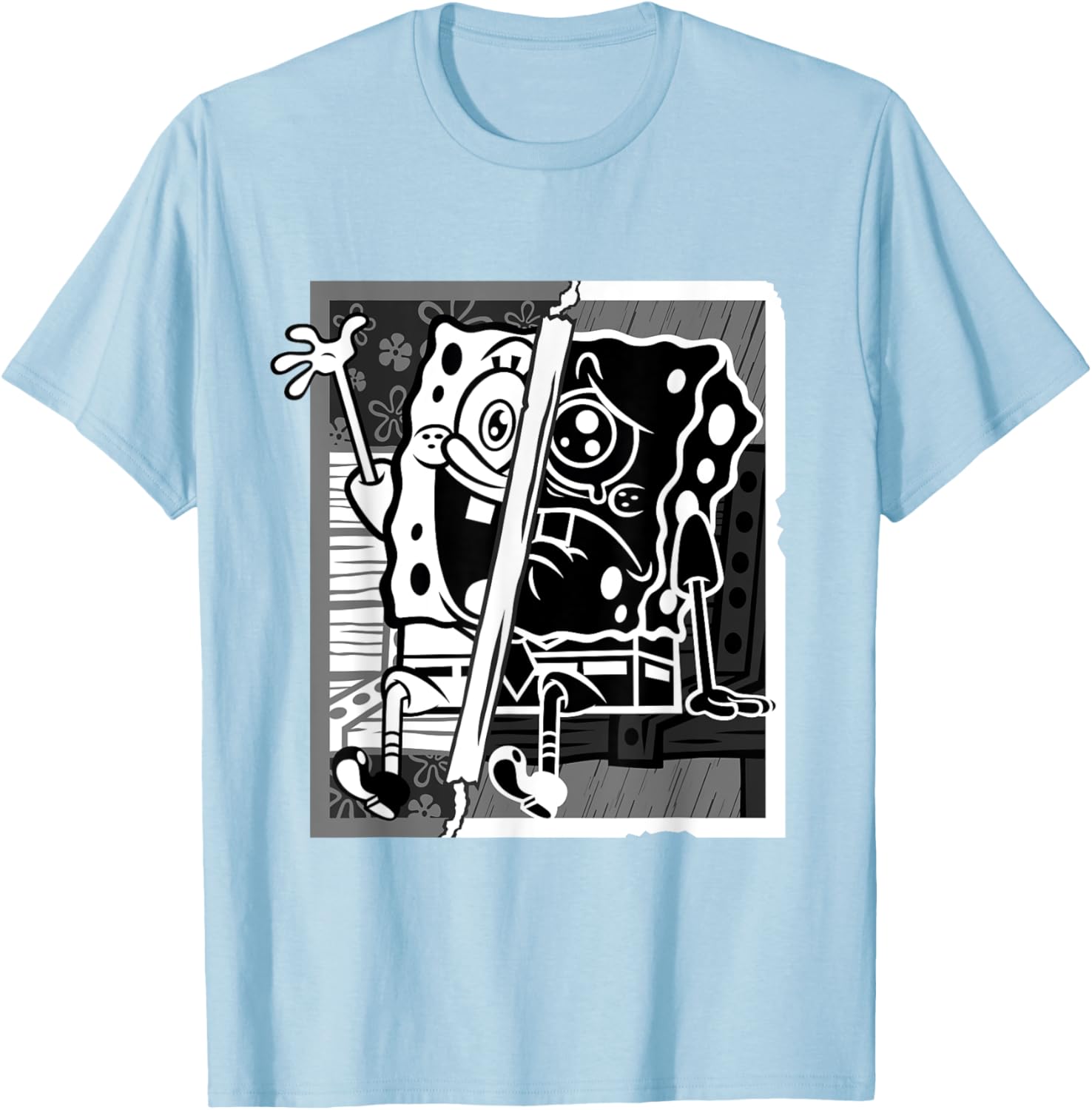 Mademark SpongeBob Black and White Happy Sad Artline T-Shirt for Fans - 14