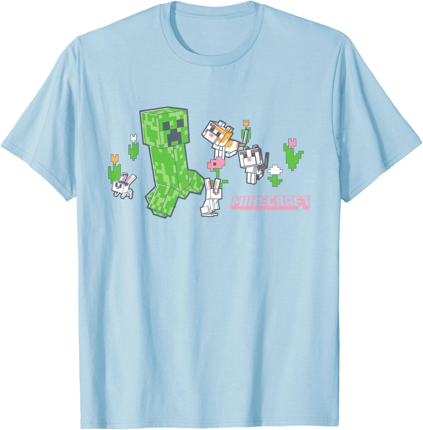 Cute Minecraft Creeper T-Shirt with Bunnies and Cats in Pixel Garden - 8