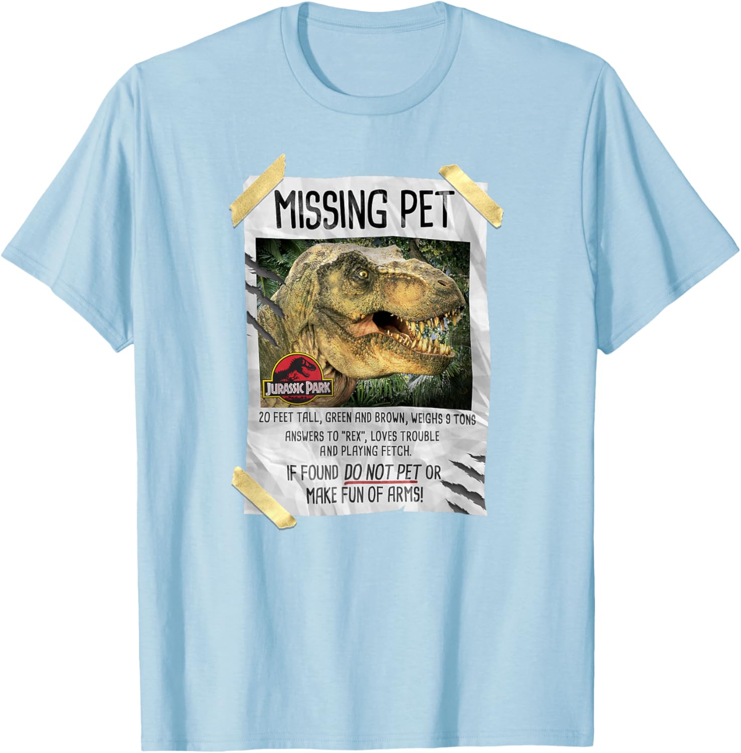 Jurassic Park T-Rex Missing Pet Taped T-Shirt for Dino Lovers - 4
