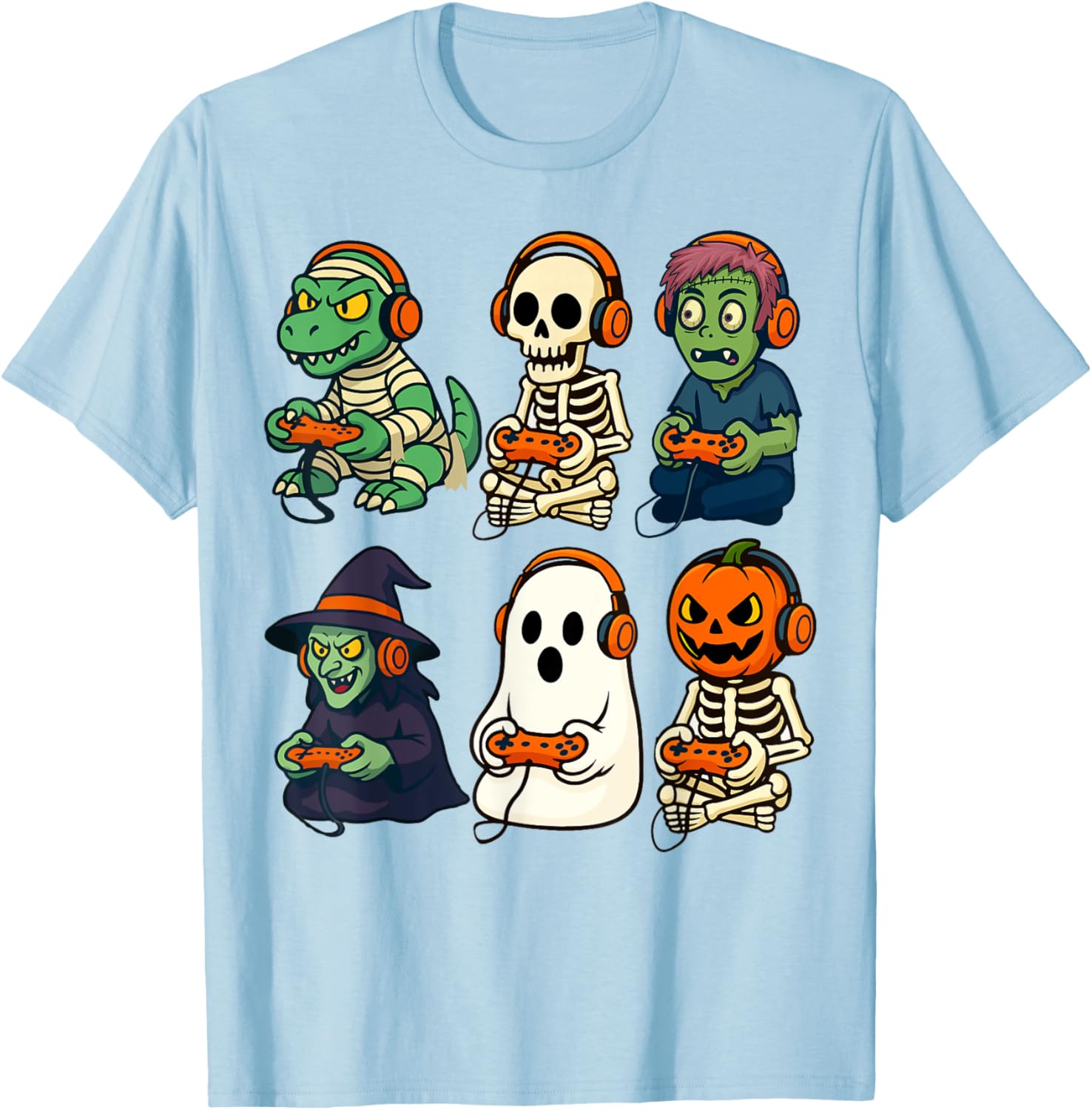Halloween Boys Gamer T-Shirt with Dinosaur Skeleton and Witch Design - 12
