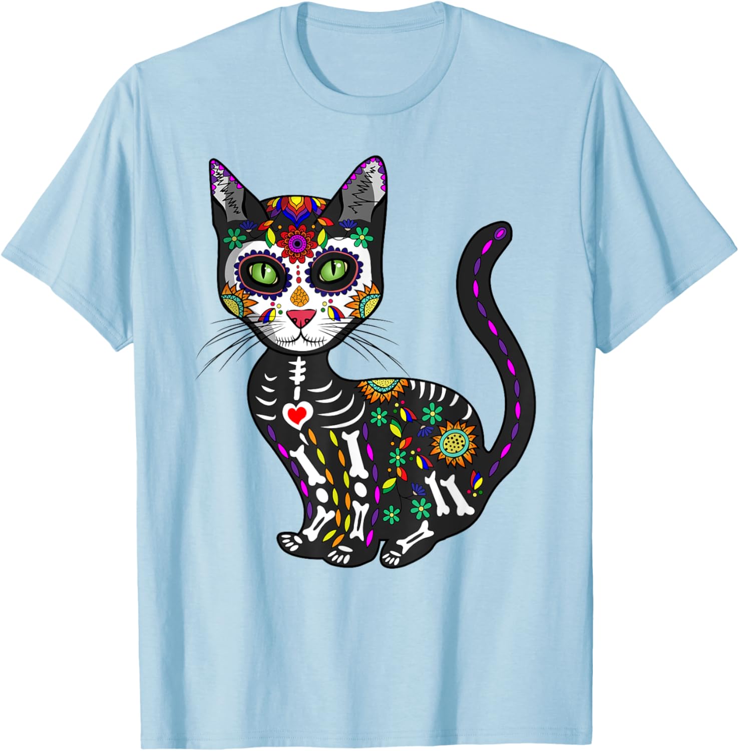 Cute Sugar Skull Cat T-Shirt for Halloween Day of the Dead Fun - 22