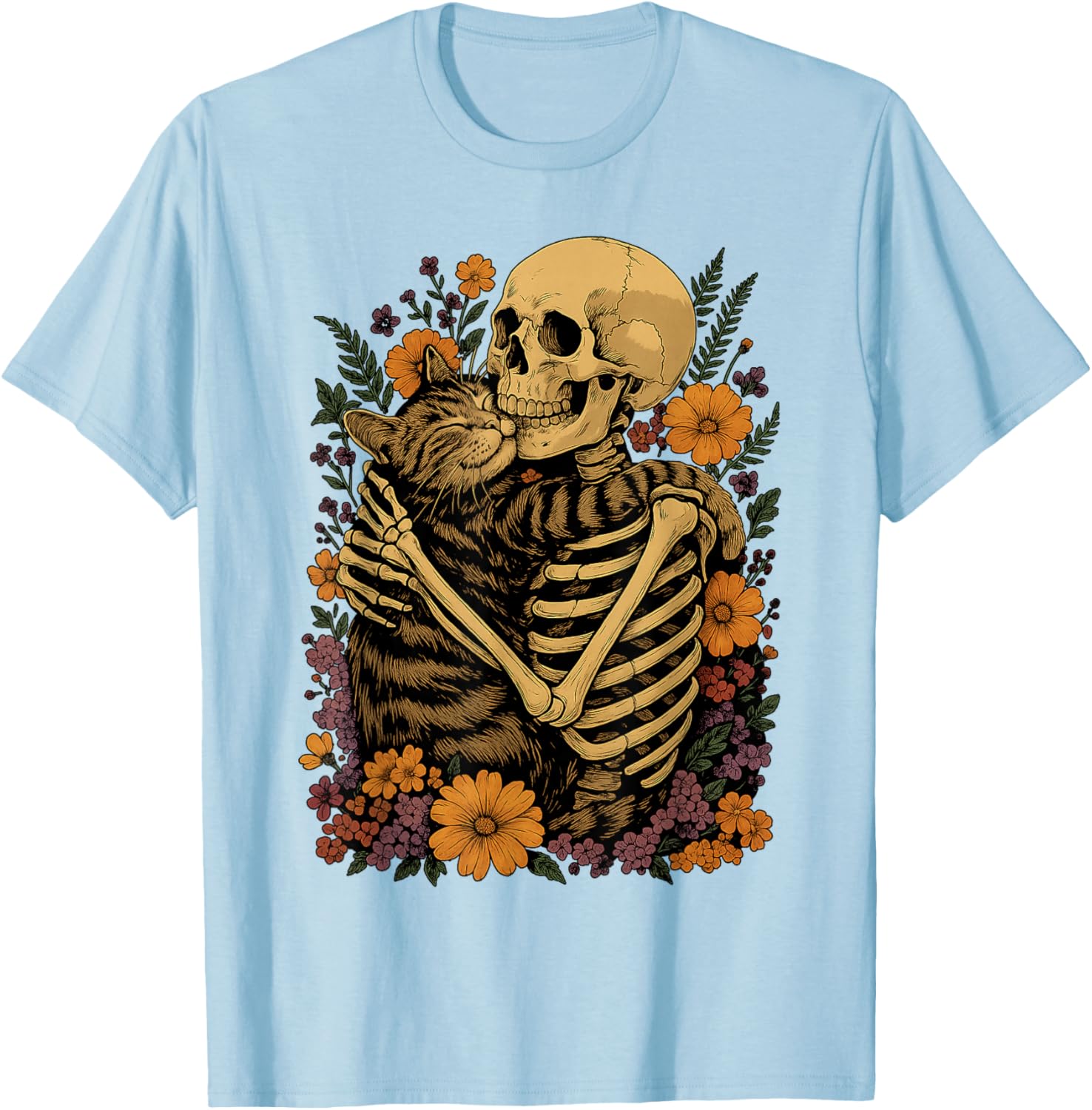Cute Skeleton Hugging Cat Floral Halloween T-Shirt for Cat Lovers - 8