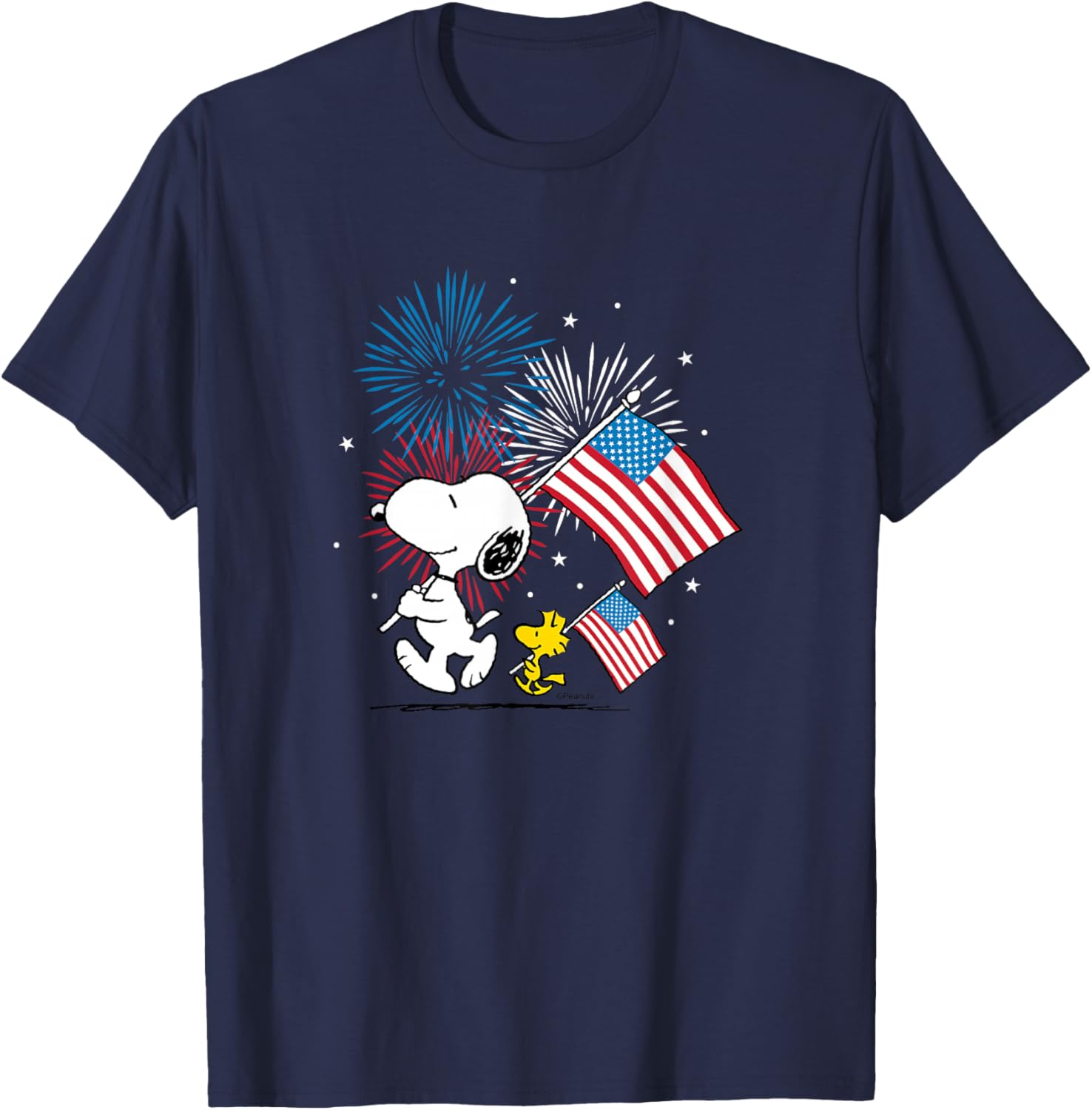 Snoopy and Woodstock American Flags Fireworks T-Shirt for Fun Celebrations - 4