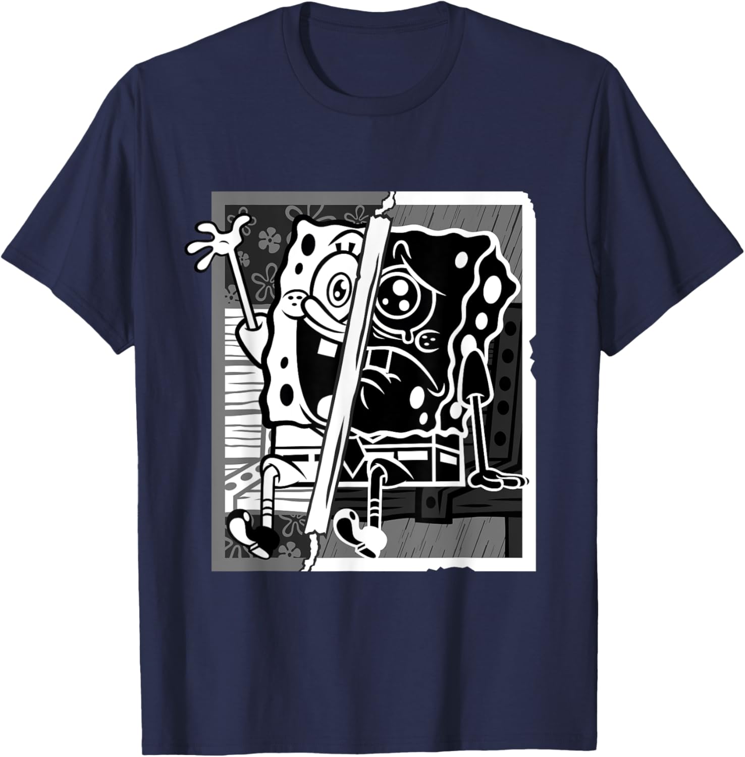 Mademark SpongeBob Black and White Happy Sad Artline T-Shirt for Fans - 13