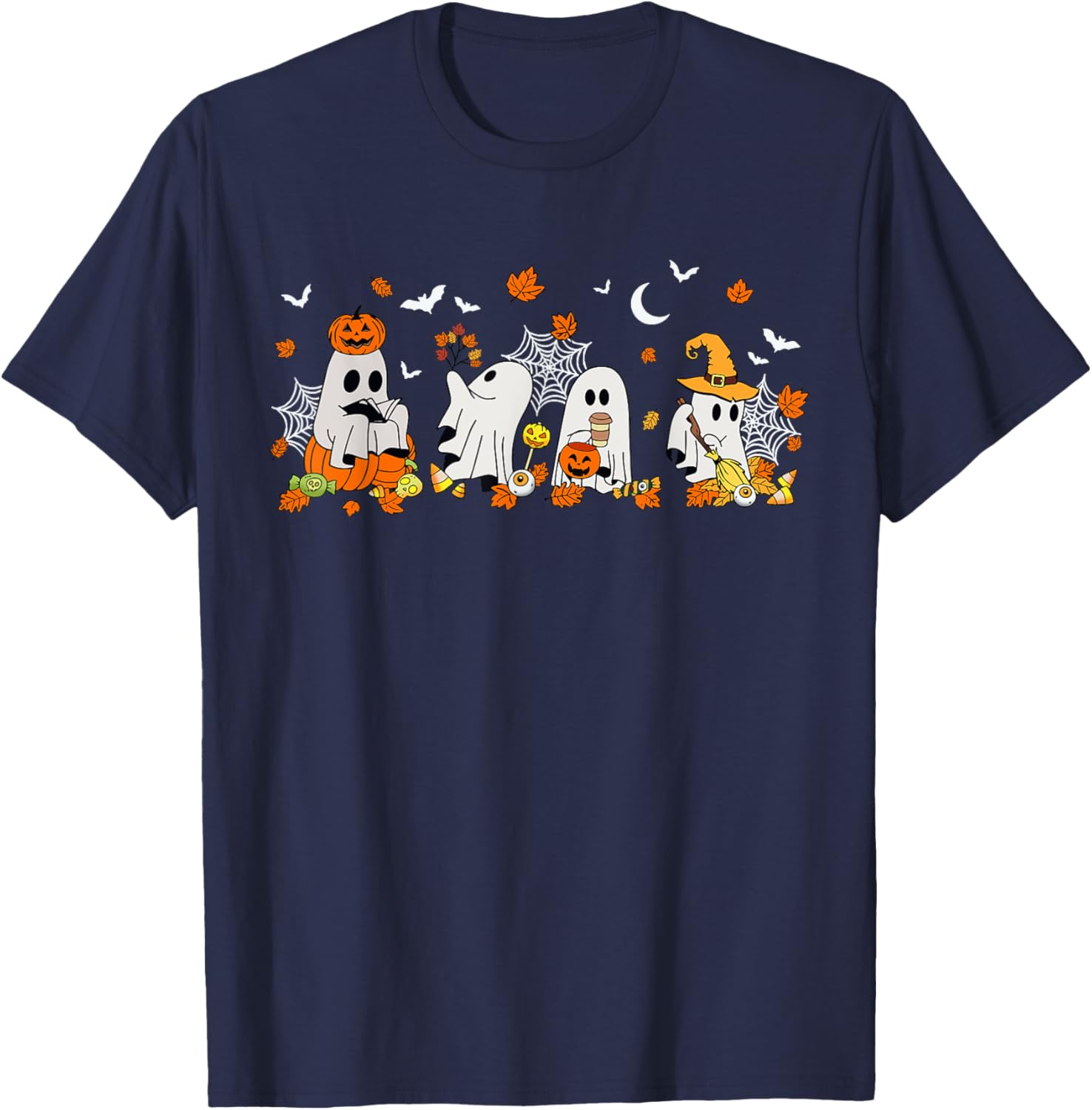 Cute Ghost Drinking Coffee Halloween Fall Book Reading T-Shirt for All - 27