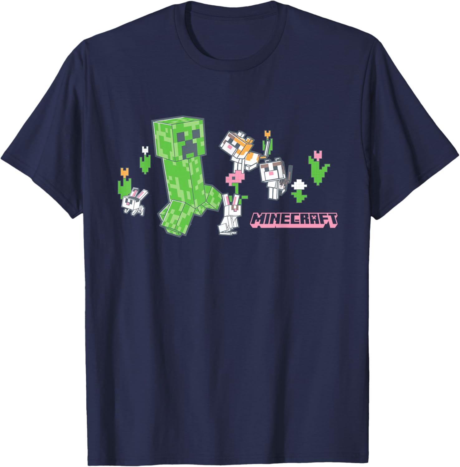 Cute Minecraft Creeper T-Shirt with Bunnies and Cats in Pixel Garden - 3
