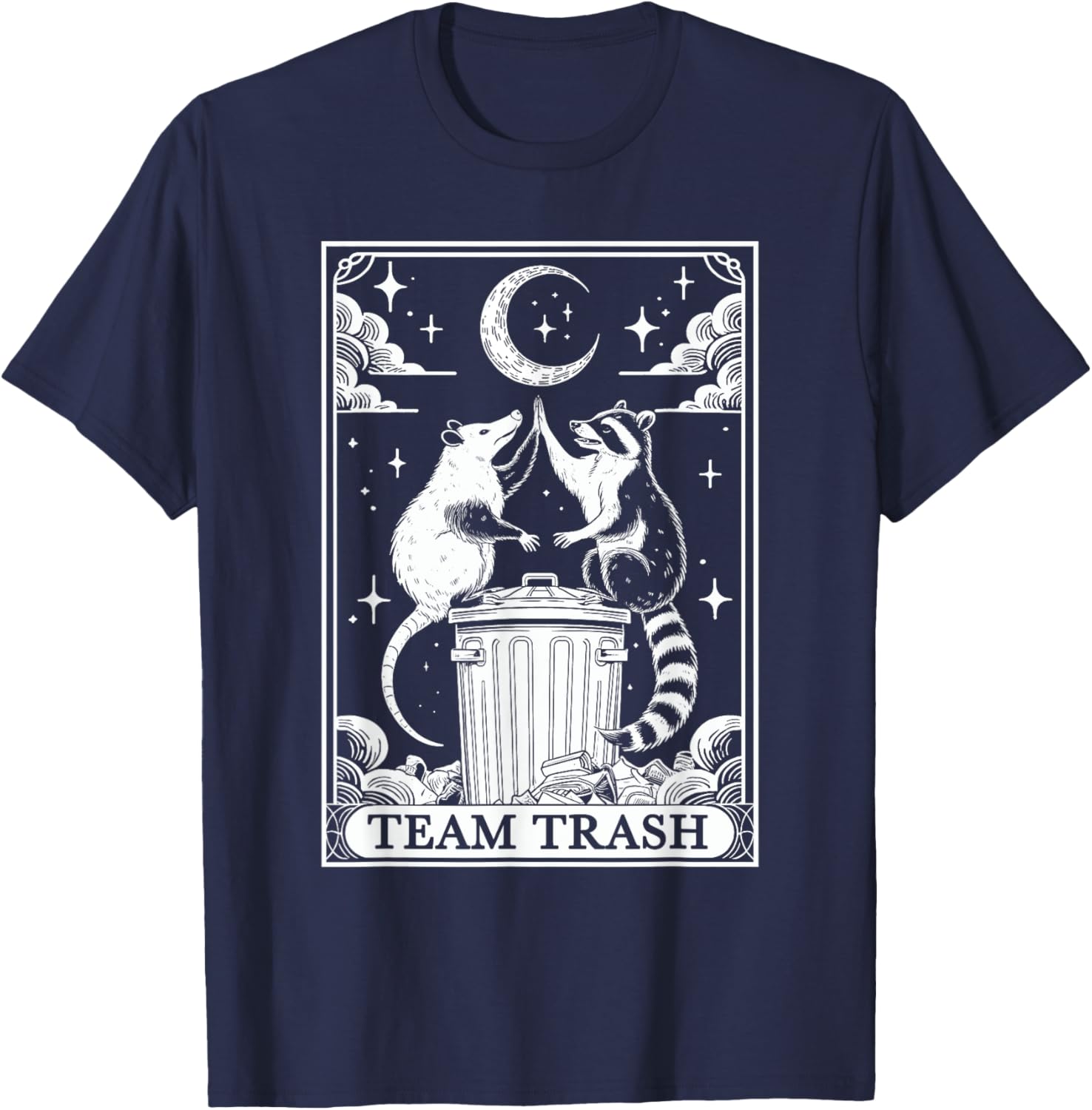 Vintage Tarot Card Team Trash T-Shirt with Crescent Moon Opossum Raccoon - 2