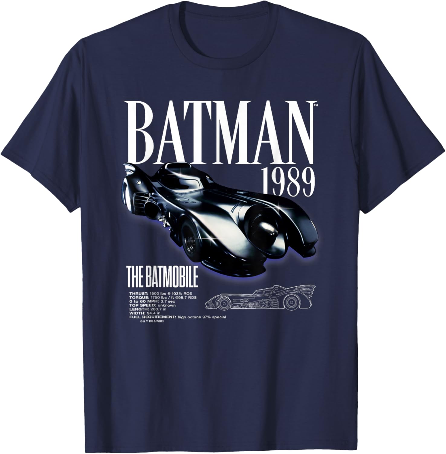 Batman 1989 Batmobile Schematic T-Shirt for Fans of Classic Film Style - 6