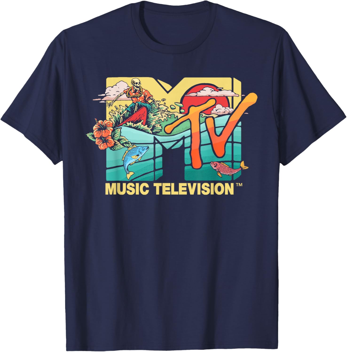 Mademark x MTV Vintage Surfing Skeleton Mother Ocean T-Shirt for Men - 15