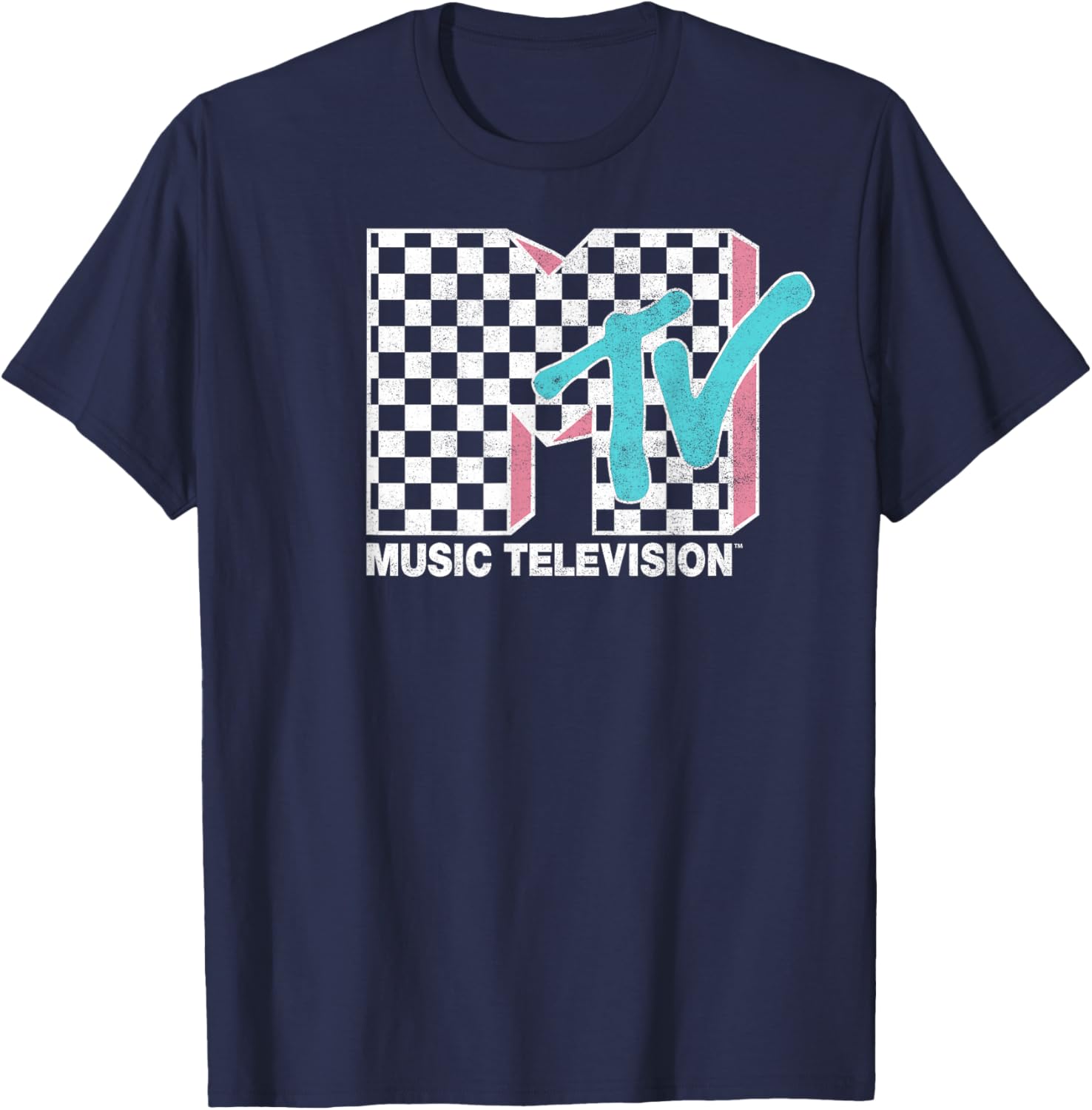 MTV Neon Distressed Checkered Logo Graphic Tee for Trendy Style - 6