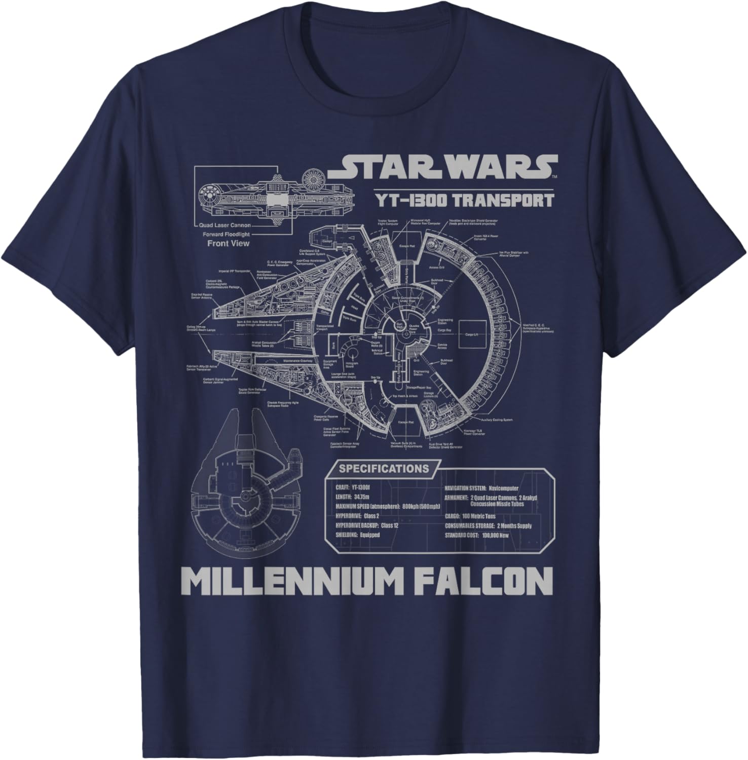 Star Wars Millennium Falcon Grey Schematics Graphic T-Shirt for Fans - 3