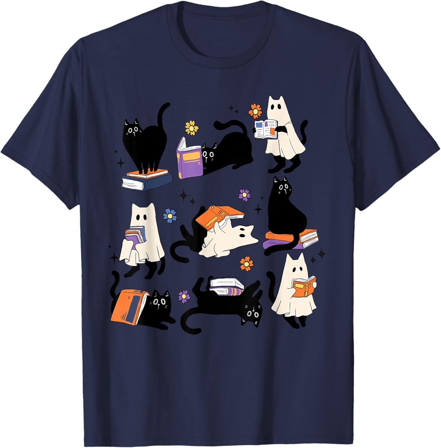 Cute Ghost Cat Reading Books Spooky T-Shirt for Book Lovers Halloween - 1