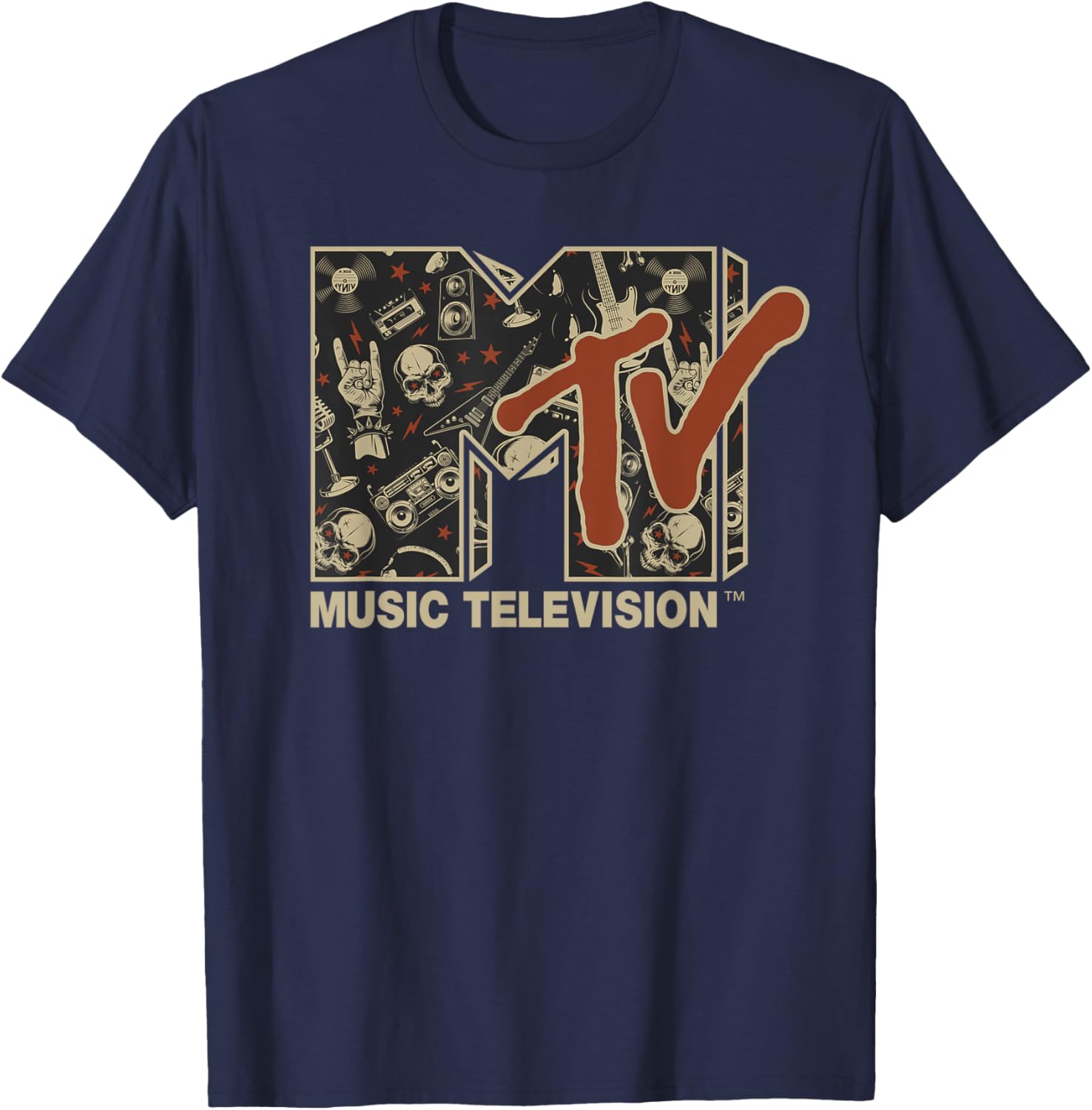 Mademark x MTV Vintage Rock n Roll Skull Guitar T-Shirt for Metal Fans - 13