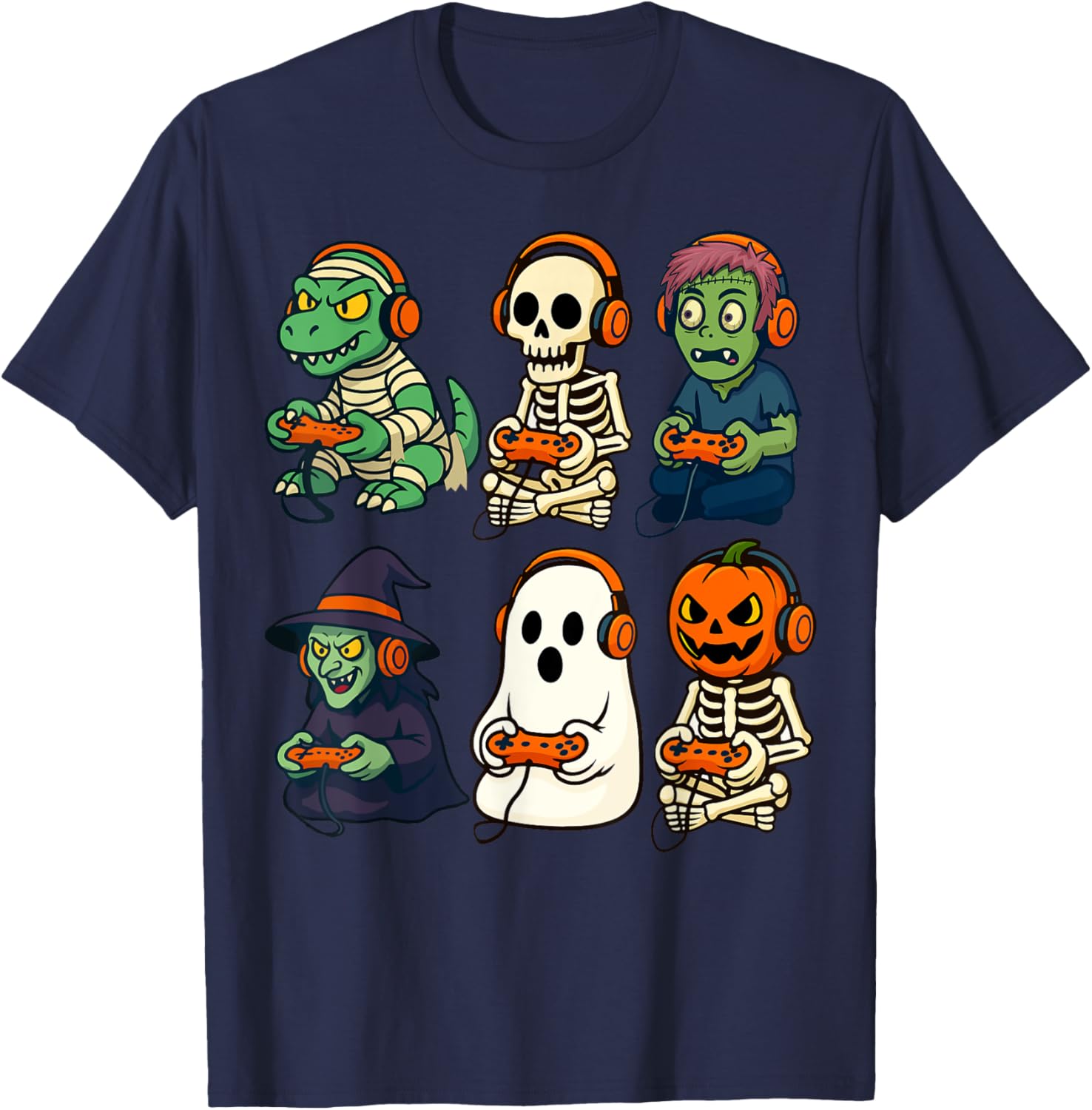 Halloween Boys Gamer T-Shirt with Dinosaur Skeleton and Witch Design - 3