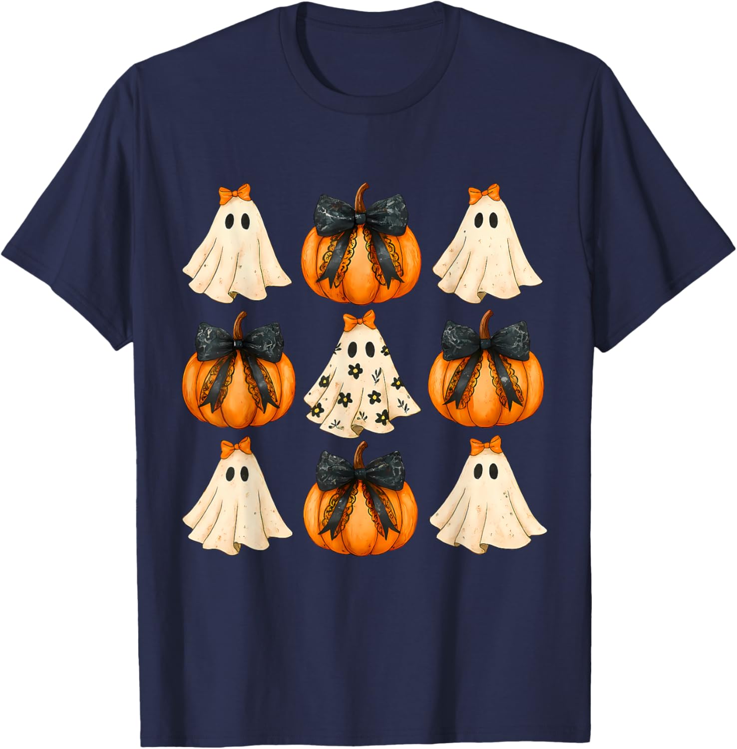Cute Halloween Bow Pumpkin Ghost T-Shirt for Women and Girls - 14
