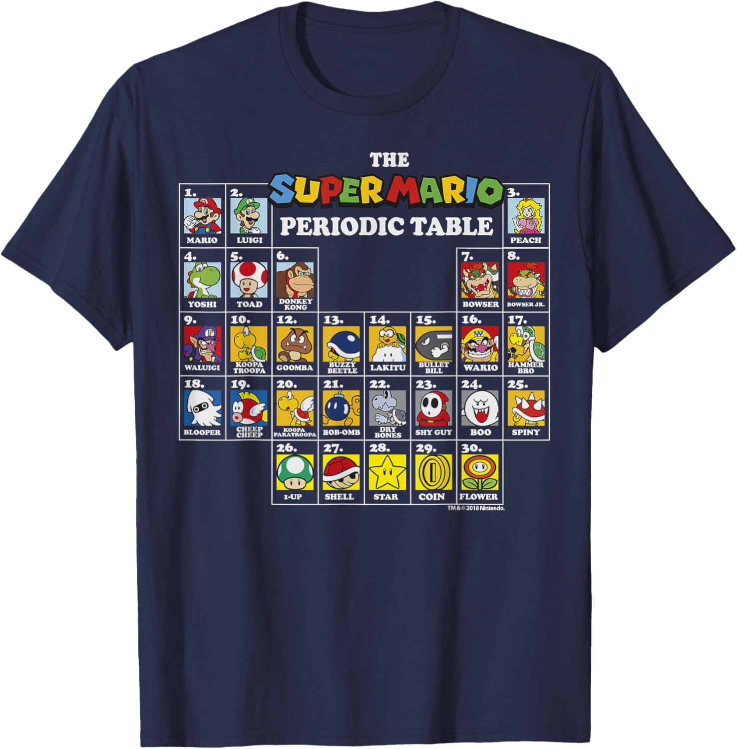 Super Mario Periodic Table Graphic T-Shirt Fun Character Design for Gamers - 1