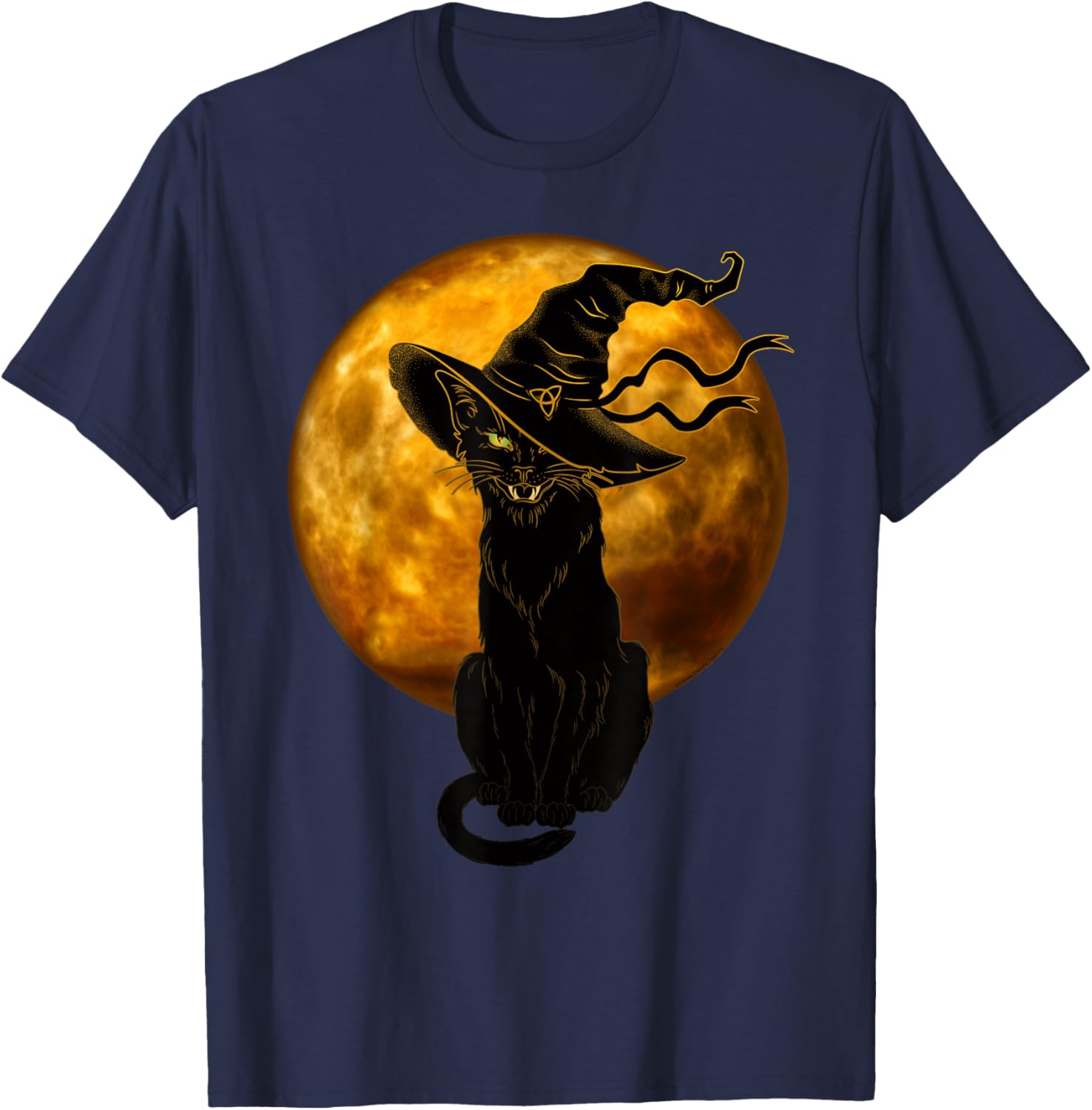 Vintage Black Cat in Witch Hat Full Moon Halloween T-Shirt for Fun Celebrations - 2