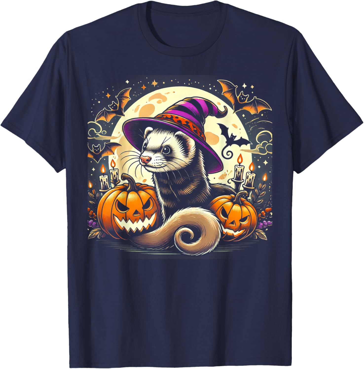Ferret Witch Halloween T-Shirt with Spooky Pumpkin and Bats Design - 5