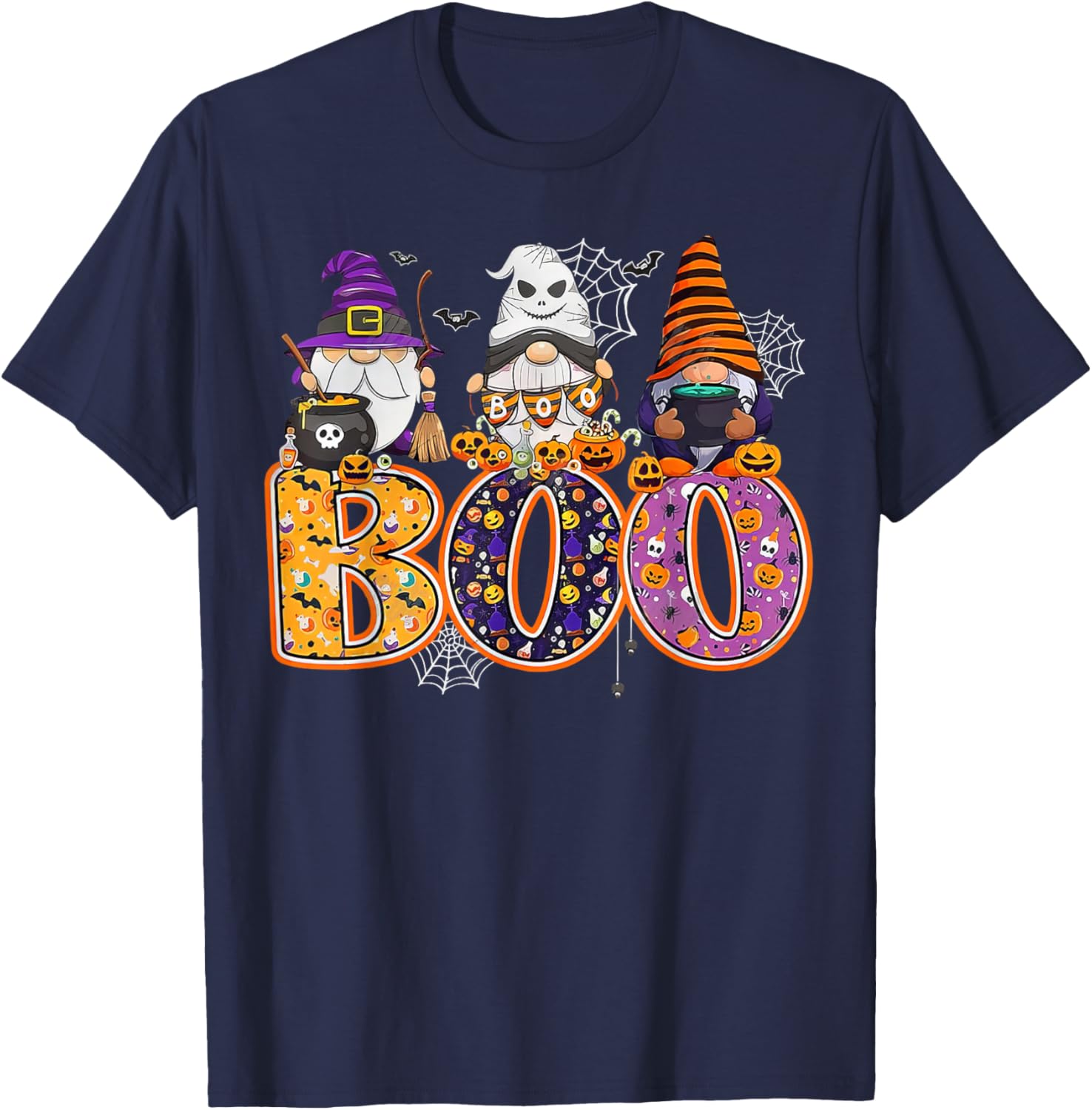 Funny Halloween Gnome T-Shirt with Boo Witch Pumpkins and Spiders - 11