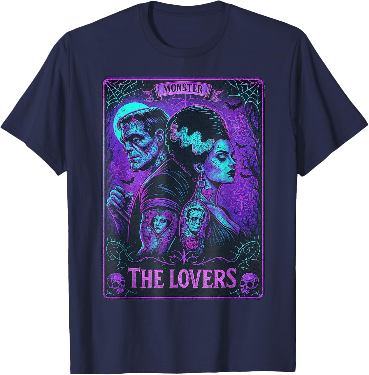 Monster Frankenstein and Bride Lovers Tarot Card T-Shirt for Fans - 3