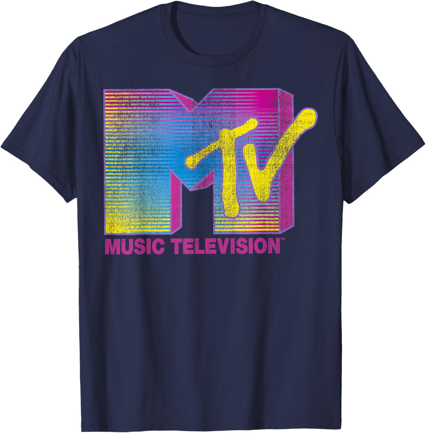 MTV Distressed Fluorescent Logo Crew Neck T-Shirt for Adults in Black - 3