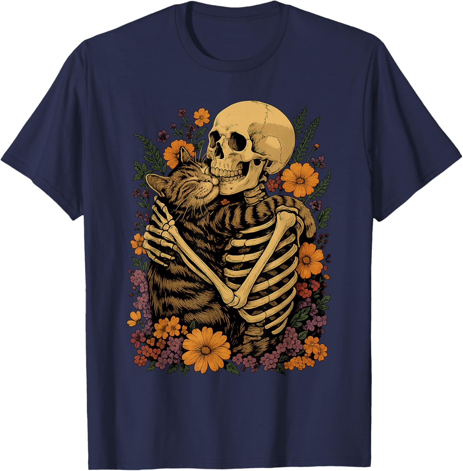 Cute Skeleton Hugging Cat Floral Halloween T-Shirt for Cat Lovers - 25