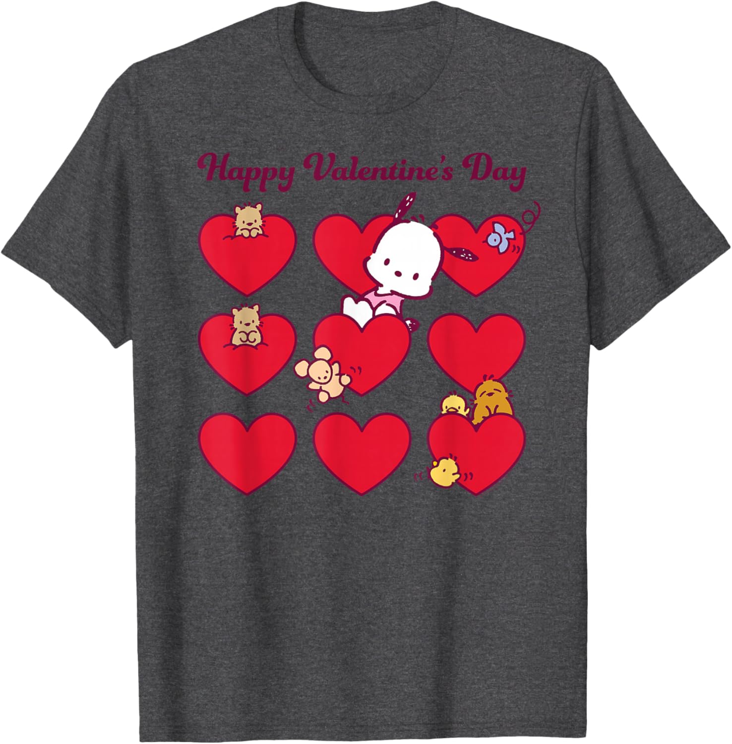 Mademark Pochacco Valentine's Day T-Shirt Unisex Grey Short Sleeve Small - 15