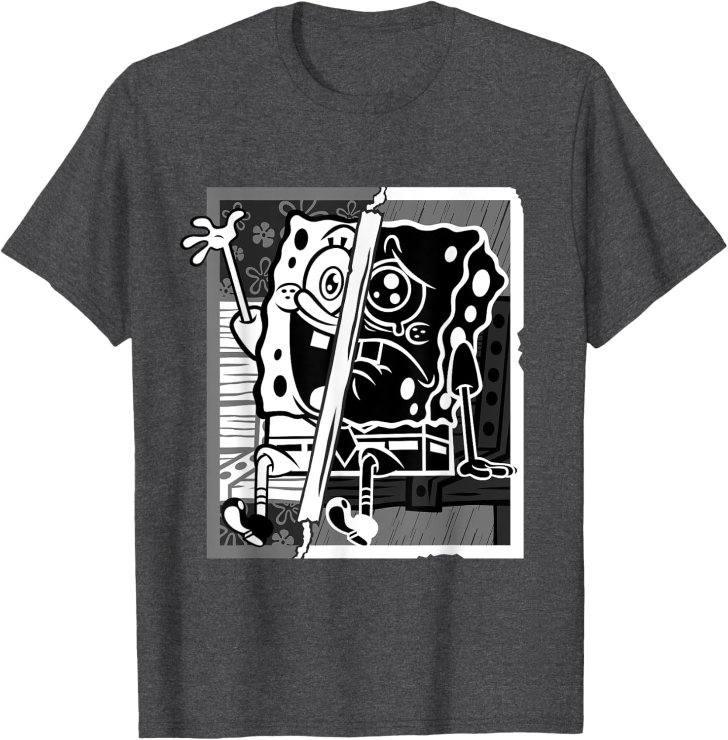 Mademark SpongeBob Black and White Happy Sad Artline T-Shirt for Fans - 18