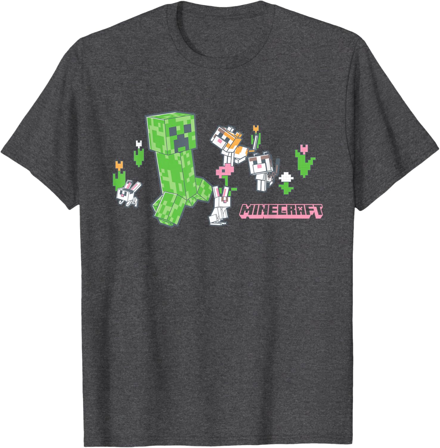 Cute Minecraft Creeper T-Shirt with Bunnies and Cats in Pixel Garden - 4