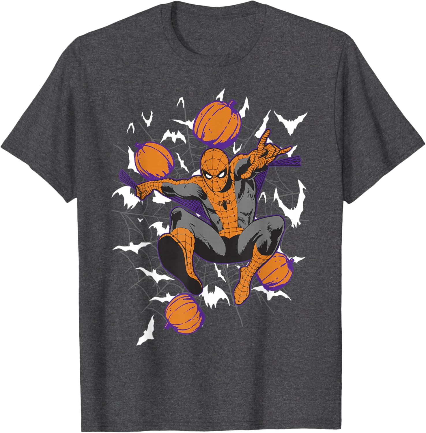 Spider-Man Halloween T-Shirt with Web and Pumpkins for Kids and Adults - 10