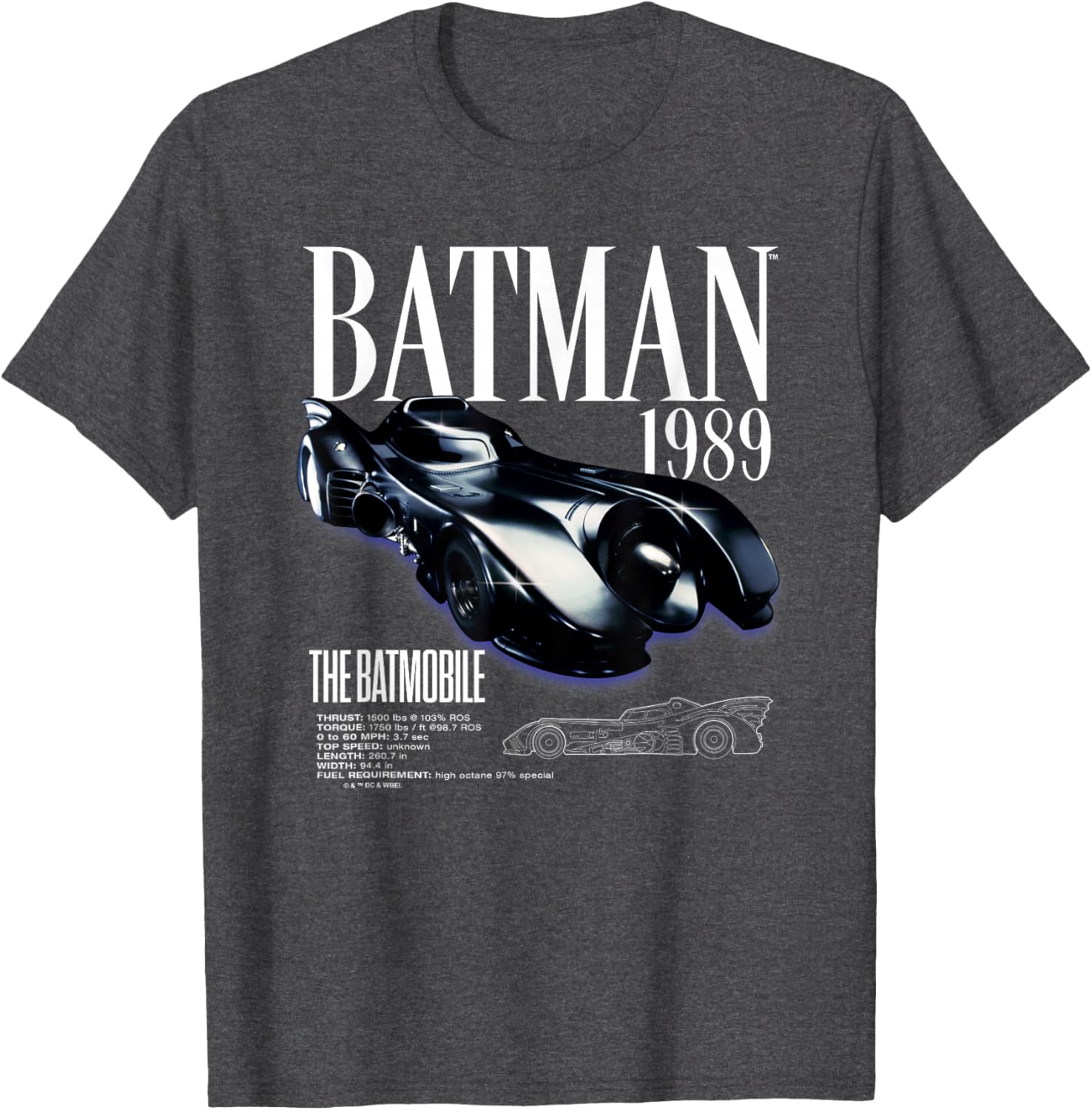 Batman 1989 Batmobile Schematic T-Shirt for Fans of Classic Film Style - 3