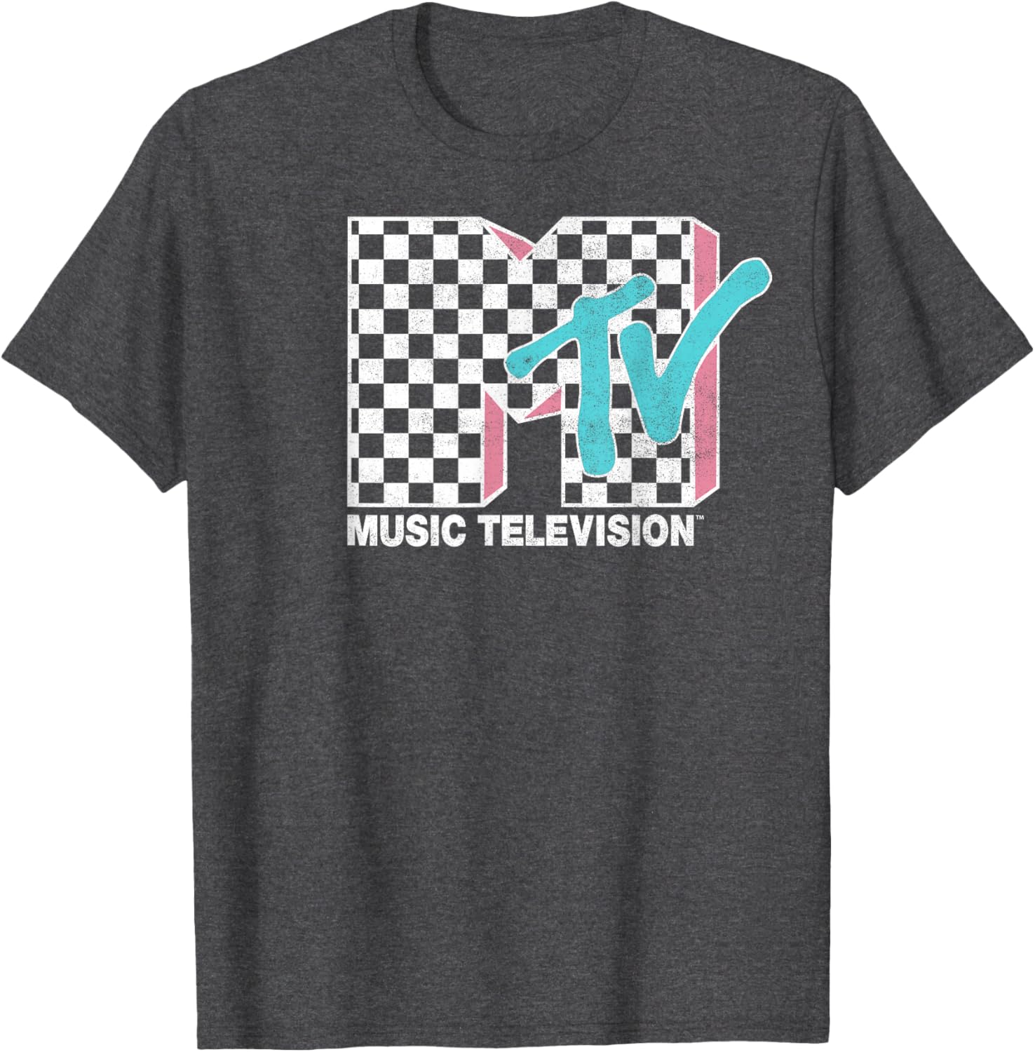 MTV Neon Distressed Checkered Logo Graphic Tee for Trendy Style - 7