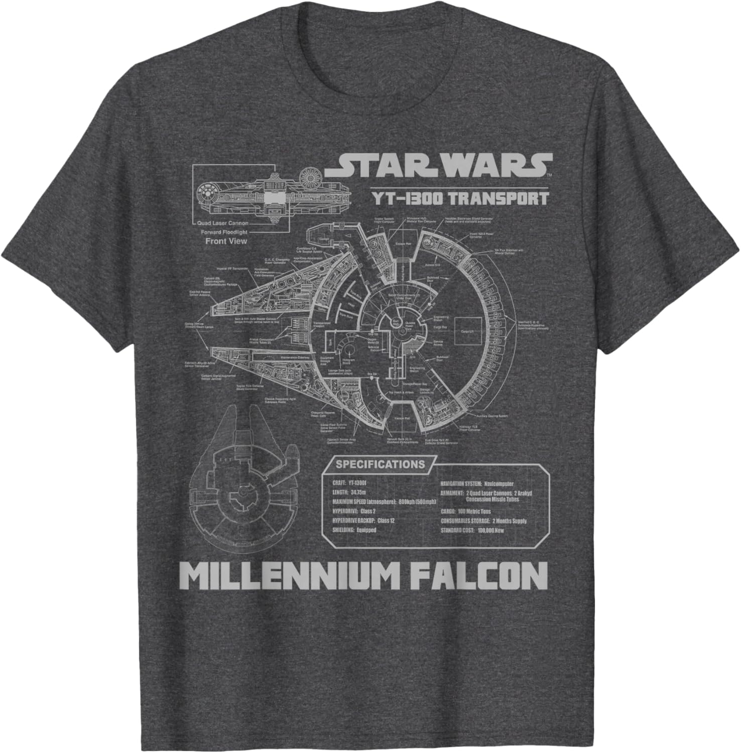 Star Wars Millennium Falcon Grey Schematics Graphic T-Shirt for Fans - 1
