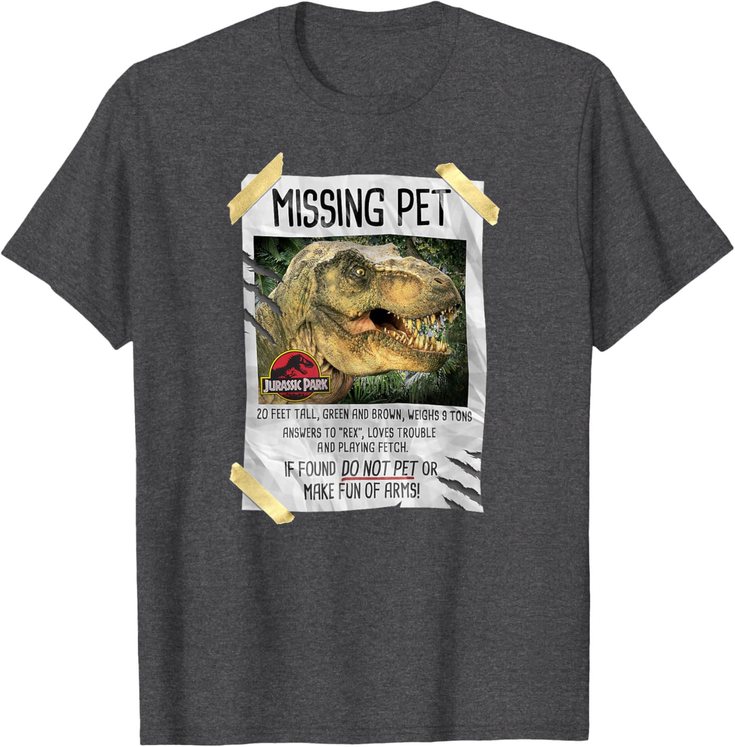 Jurassic Park T-Rex Missing Pet Taped T-Shirt for Dino Lovers - 2